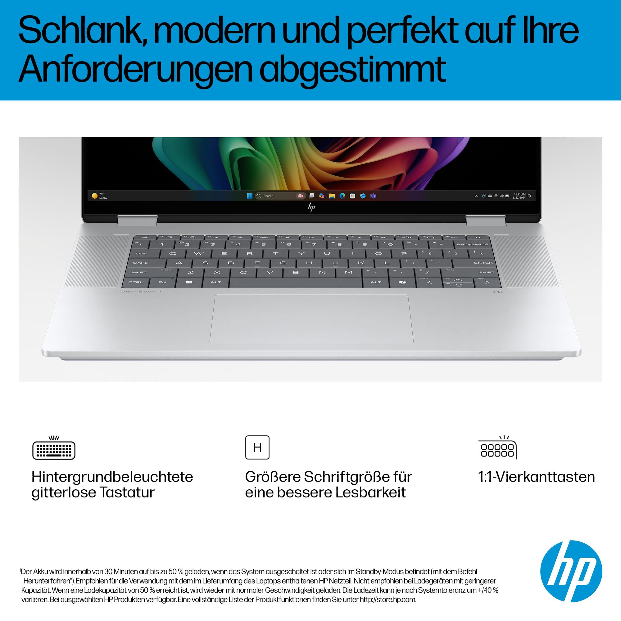 HP OmniBook X Flip 2-in-1 Laptop (16" 2K Touchscreen, Intel Core Ultra 5, Copilot+, 16GB RAM, 512GB, Win 11, QWERTZ) - Silber