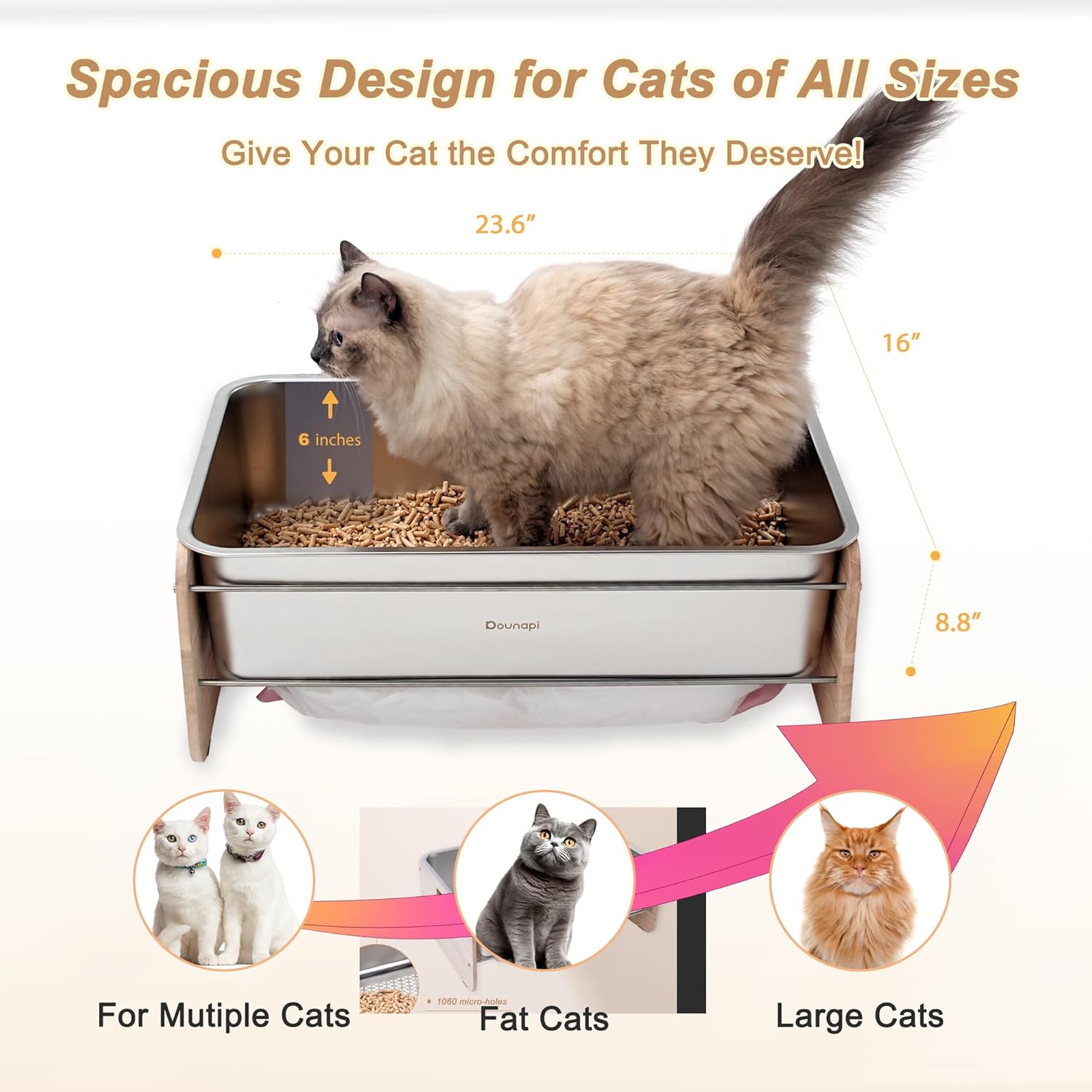 stainless steel sifting litter box for pine pellet cat litter non clumping litter system with dust collecting drawer and wooden side pandel