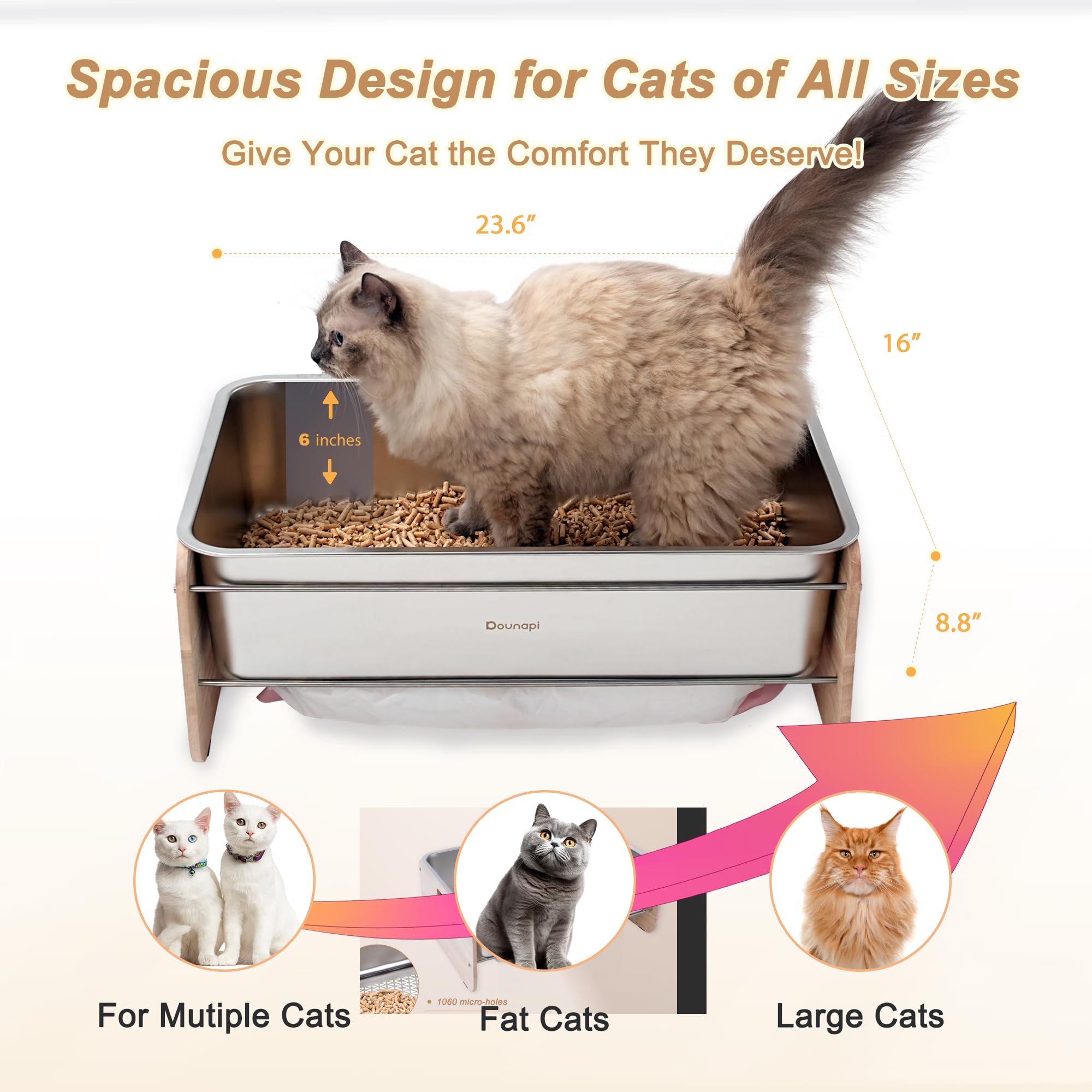 Stainless Steel Sifting Litter Box for Pine Pellet Cat Litter Non Clumping Litter System with Dust Collecting Drawer and Wooden Side Pandel - image 2
