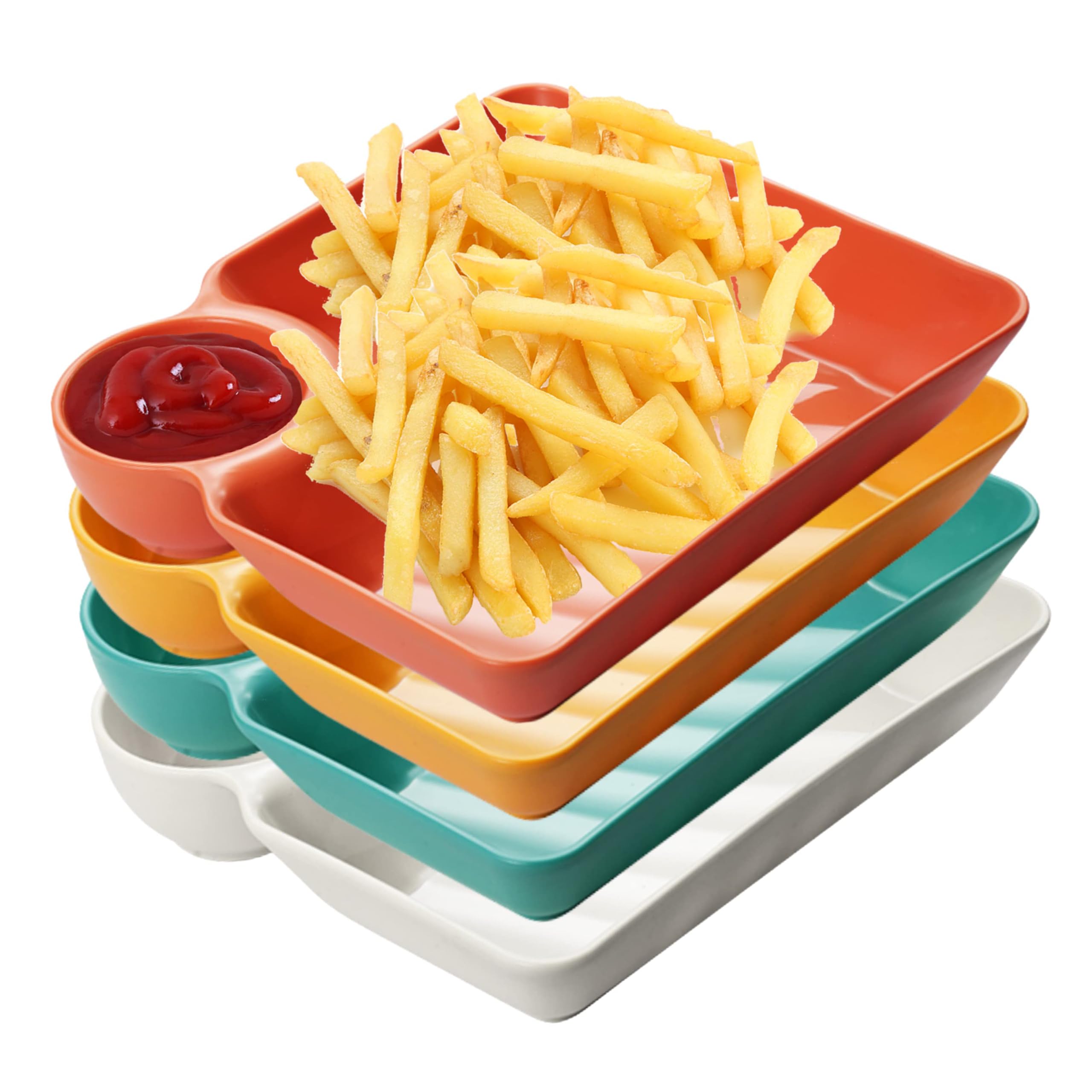 Chip and Dip Serving Platter Set - 4 Pcs Divided Party Trays, 7.3'' x 6.7'' Snack Bowl Dishes for Entertaining, Wine Dine Appetizer Plates, Reusable Dumpling Plate with Sauce Holder for Buffet Parties