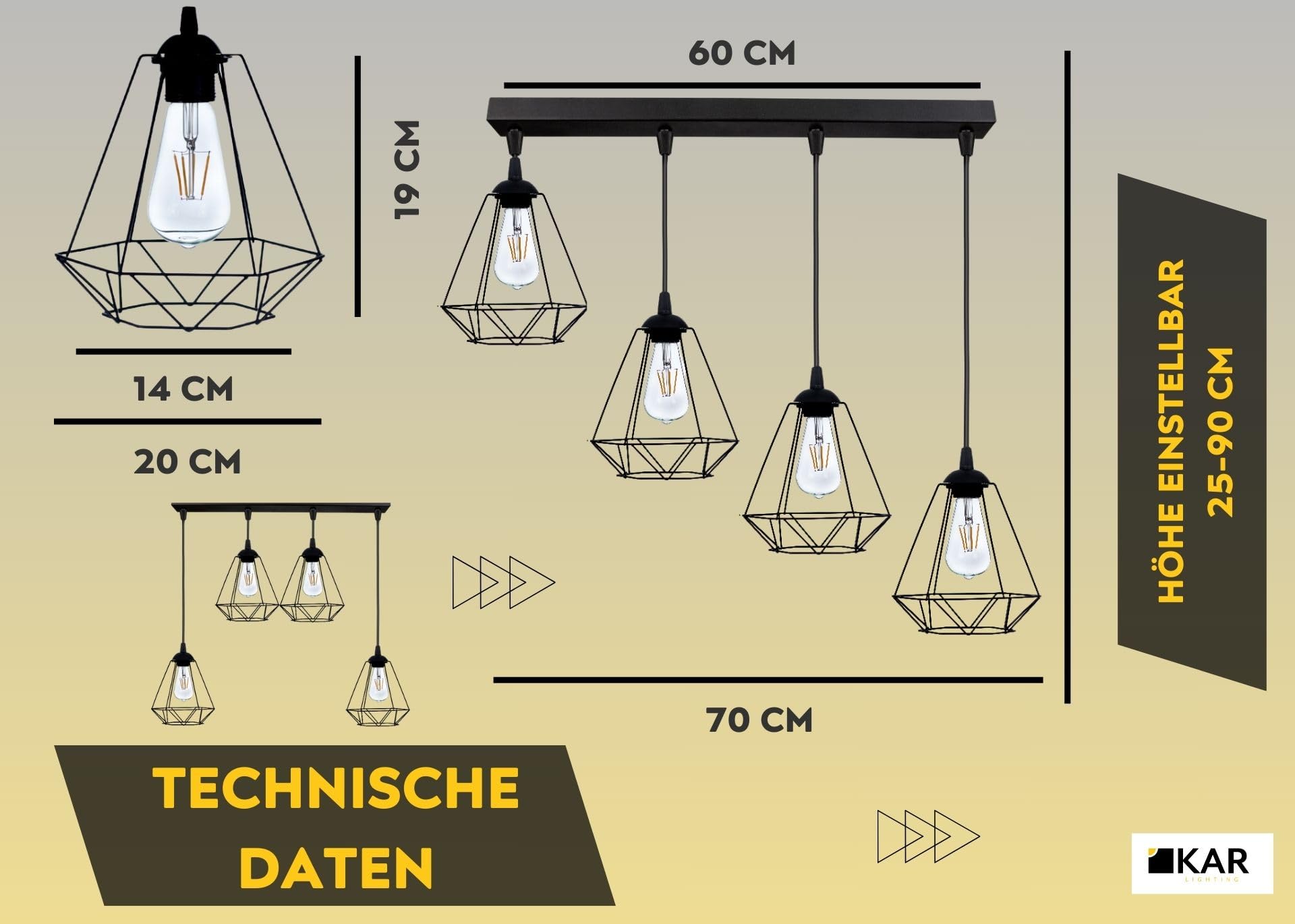 Pendellampe 4-flammig Schwarz – höhenverstellbare Loft Hängeleuchte aus Metall – E27 Hängelampe für Wohnzimmer, Esszimmer, Küche oder Büro – LED geeignet