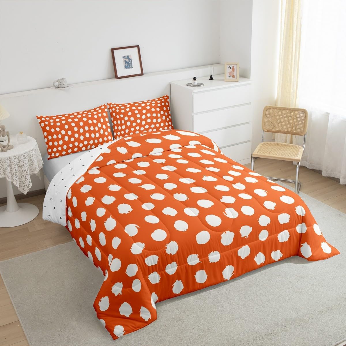 Erosebridal Brush Stroke Bedding Set Twin Size Polka Dots Comforter Set for Kids Girls Women Bohemian Farmhouse Orange Comforter All Season Duvet Quilt