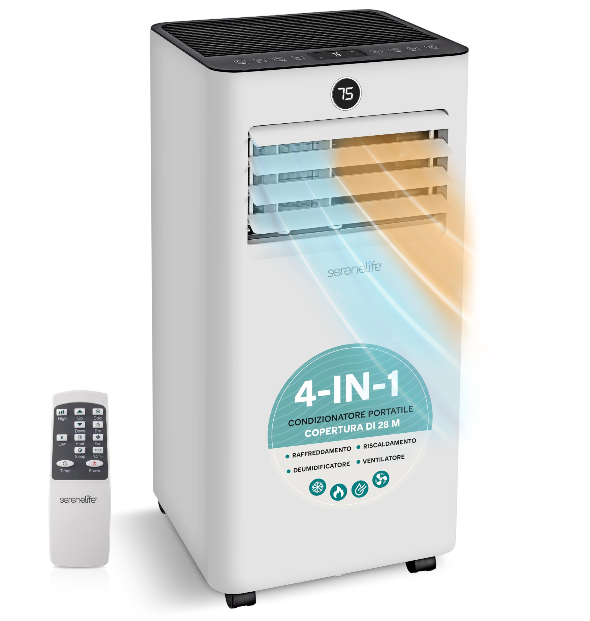 SereneLife Climatiseur Mobile 7000 BTU avec Chauffage, Jusqu'à 31 m² – Silencieux 55 dB, Déshumidificateur, Ventilateur, Télécommande et Écran LED