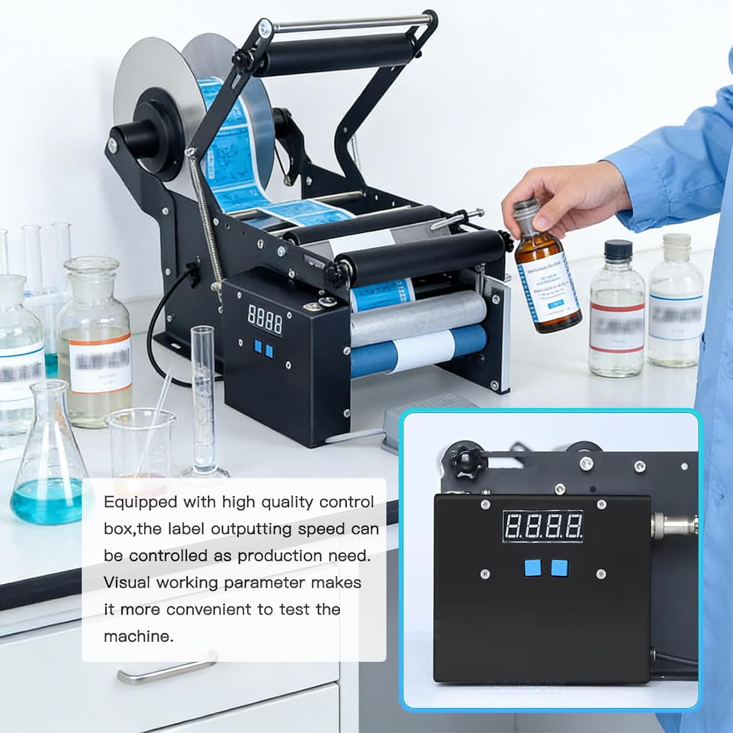 Semi-Automatic Round Bottle Labeling Machine, Electric Label Applicator with Adjustable Settings for Glass, Plastic and Metal Bottles, for Cosmetics, Food and Beverage Packaging TB16P