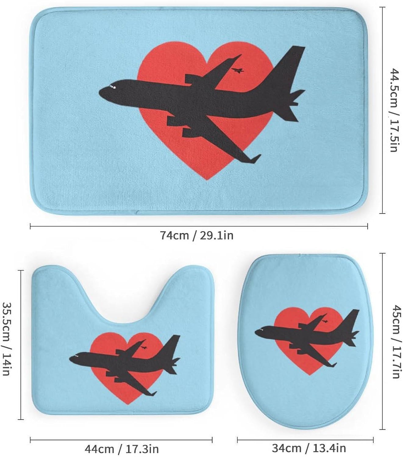Airplane with Heart Modern Bathroom Sets with Shower Curtain and Rugs Decor 4 Pcs with 12 Hooks