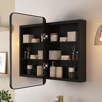 DeerValley 16 x 24 Inch Medicine Cabinet with Mirror, Black Bathroom Mirror Cabinet, Surface Mount, Adjustable Glass Shelves, Aluminum Framed Slow-Closing Door, Dual-Sided Mirrors