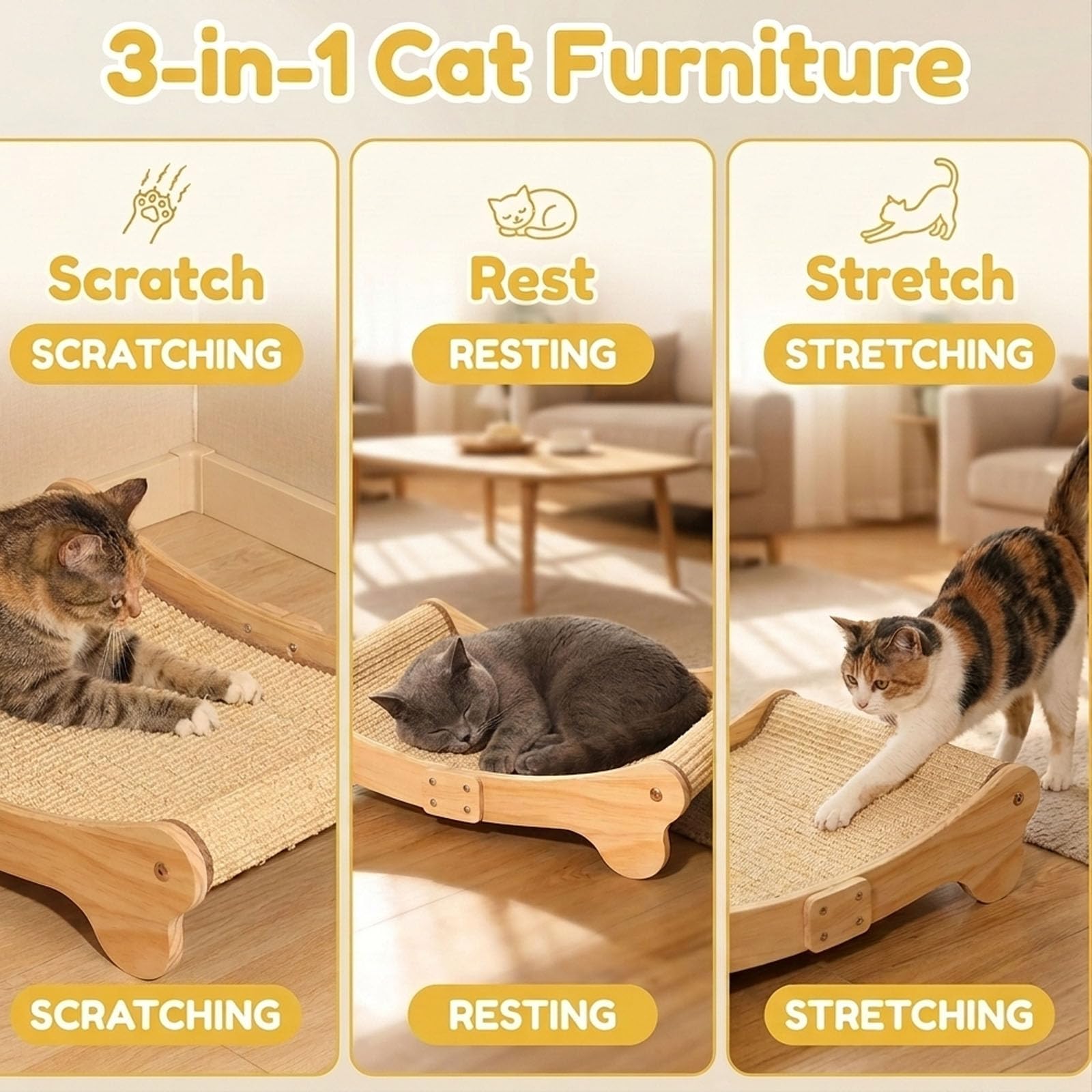 Griffoir pour Chats en Sisal Naturel – Design Courbé 160°, Griffoir Chat en Bois Massif avec Tapis en Sisal, Grand Lit pour Chat pour Griffer, Dormir et Jouer, 60 x 37,5 x 14 cm