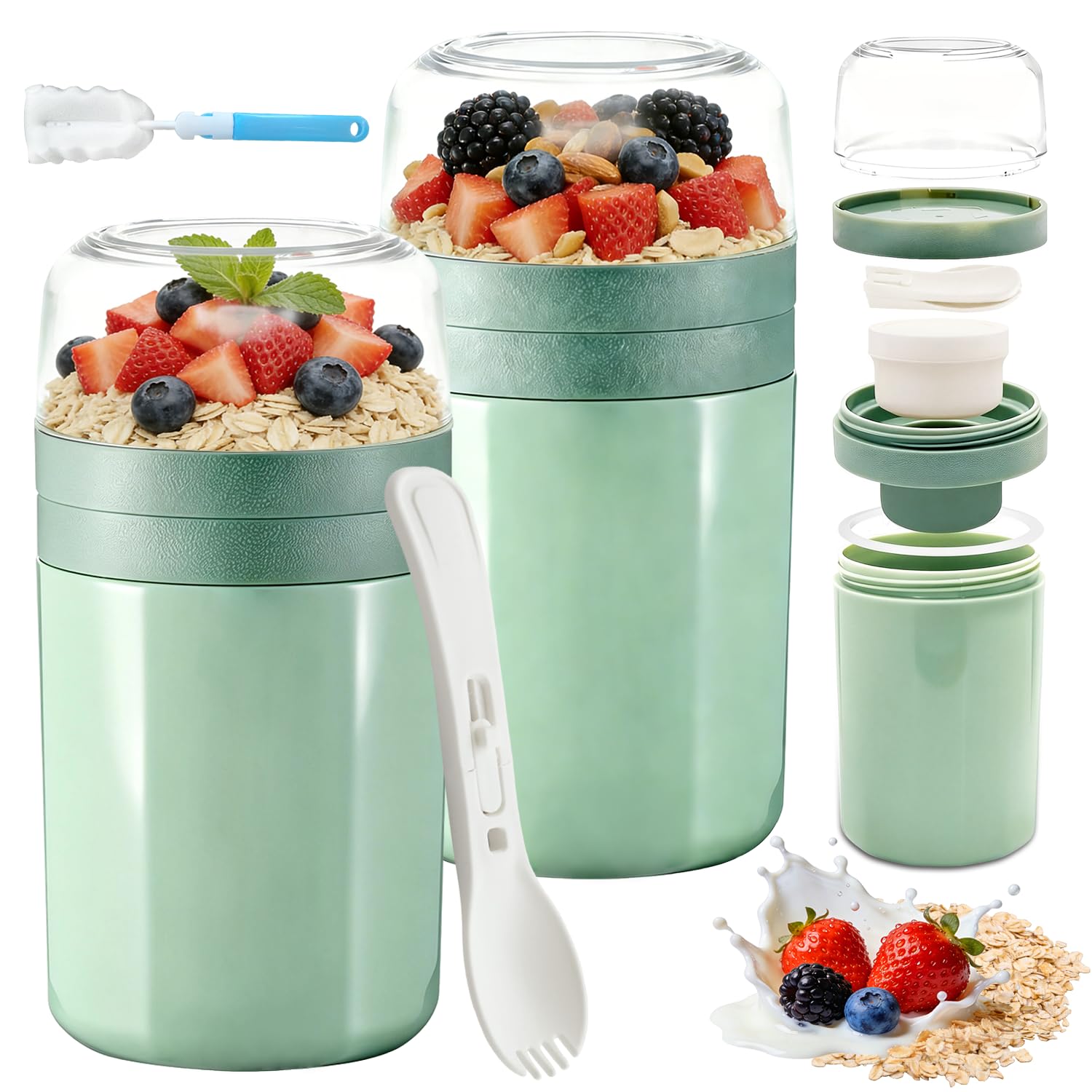 2er Müslibecher To Go Auslaufsicher mit Löffel & Soßenbox, 520+50+250ml Joghurtbecher aus BPA-freiem PP, Spülmaschinengeeignet für Arbeit, Schule & Picknick (mit Reinigungsbürste)