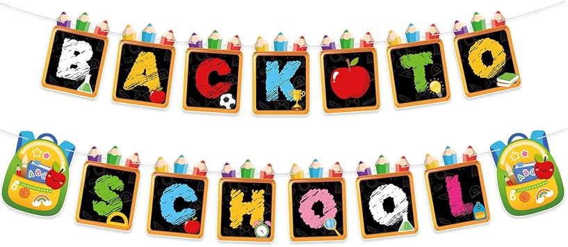 Back to School Banner Decorations, Colorful First Day of School Banner Pencil Schoolbag Banners Garland for Welcome Back to School Party Classroom Decorations