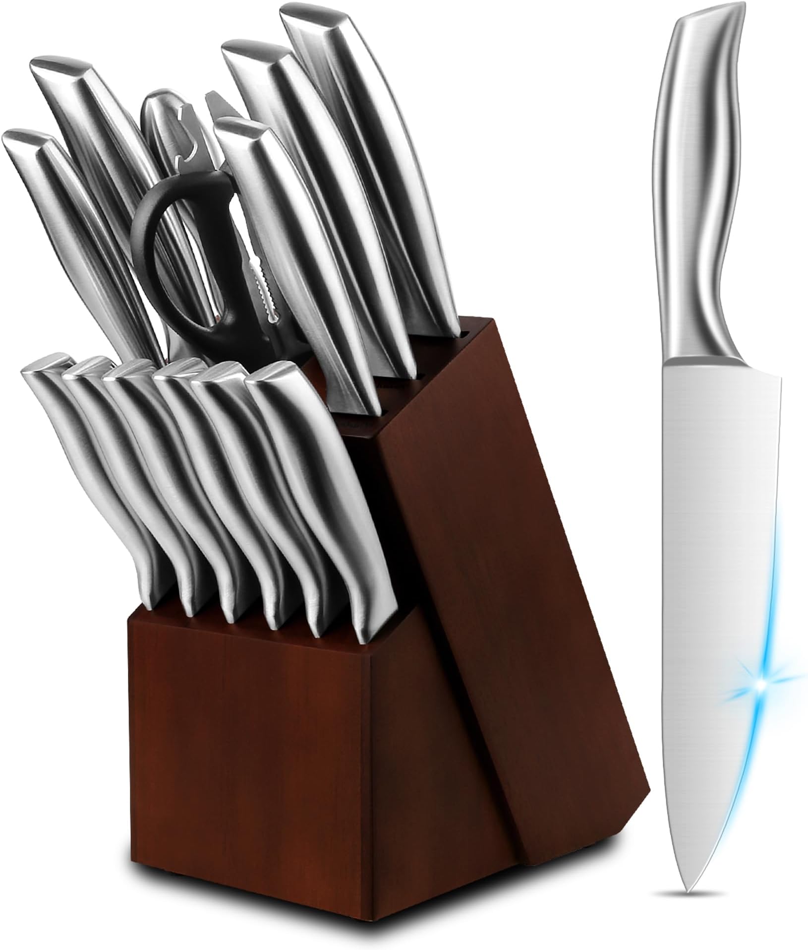 Knife Set, 14 Pieces Kitchen Knife Set with Wood Block, Chef Knife with 6 Pieces Serrated Steak Knives, High Carbon Stainless Steel Knife Sets for Multipurpose Cooking
