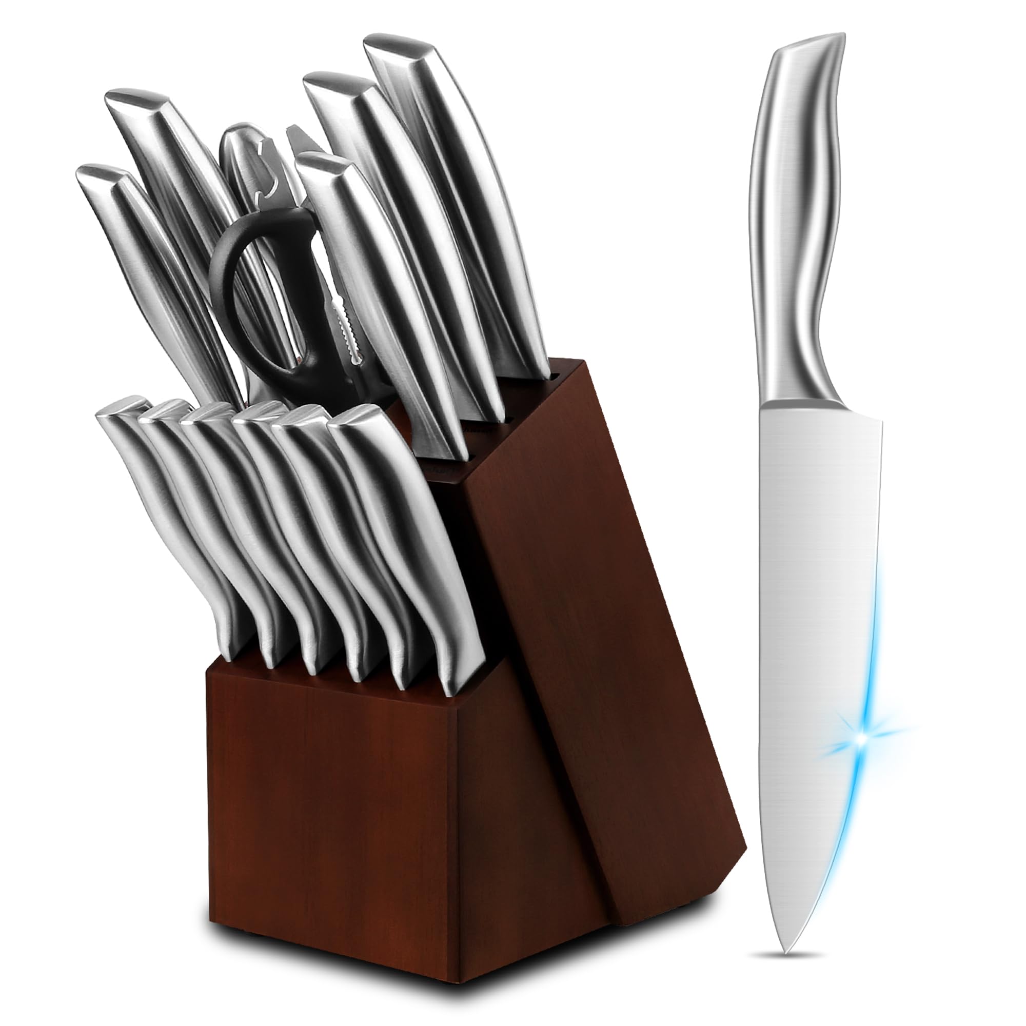 Knife Set, 14 Pieces Kitchen Knife Set with Wood Block, Chef Knife with 6 Pieces Serrated Steak Knives, High Carbon Stainless Steel Knife Sets for Multipurpose Cooking