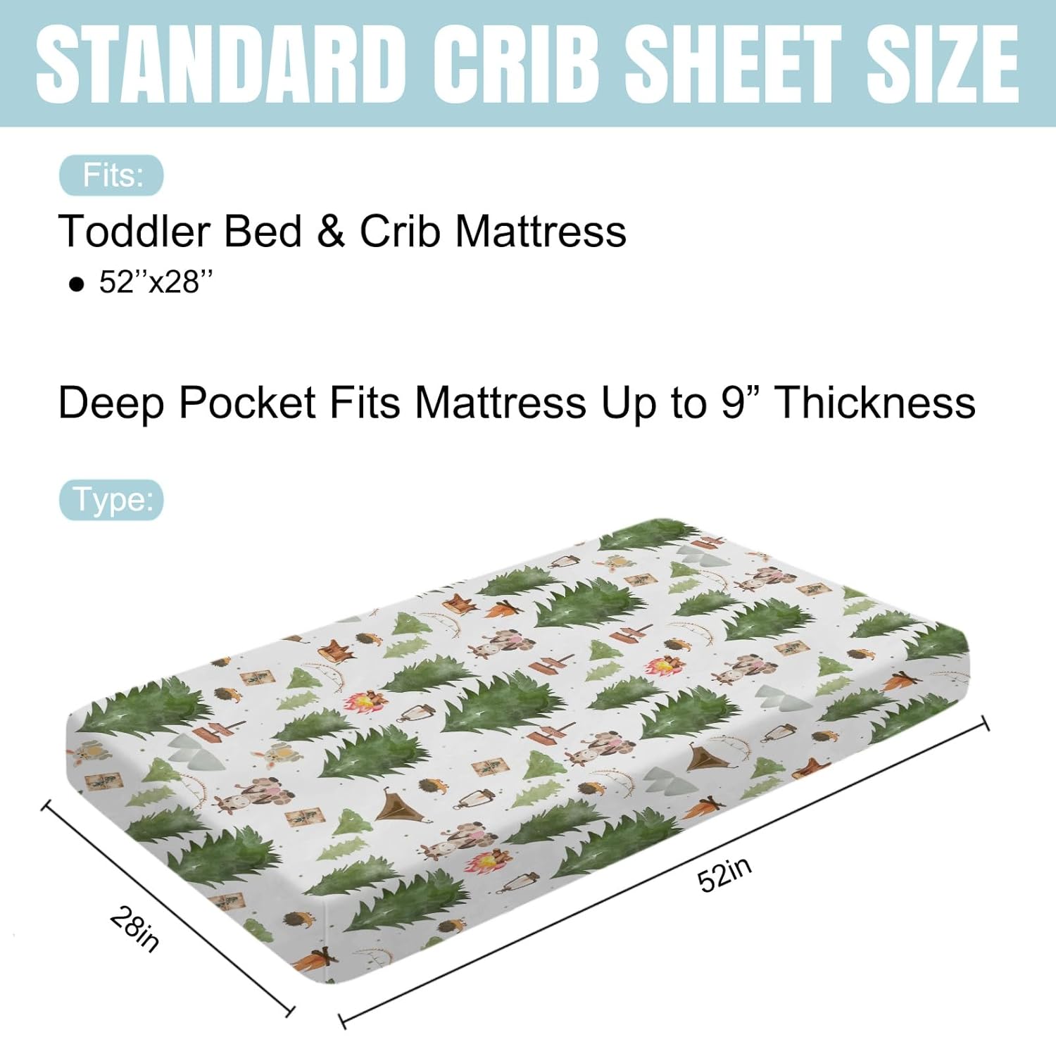 Animals Camping Baby Crib Mattress Sheet 52''x28'' Giraffe Hedgehog Forest Mountain Stretchy Fitted Crib Mattress Sheet for Boy Girl Soft Bed Sheet for Standard Crib and Toddler Mattresses