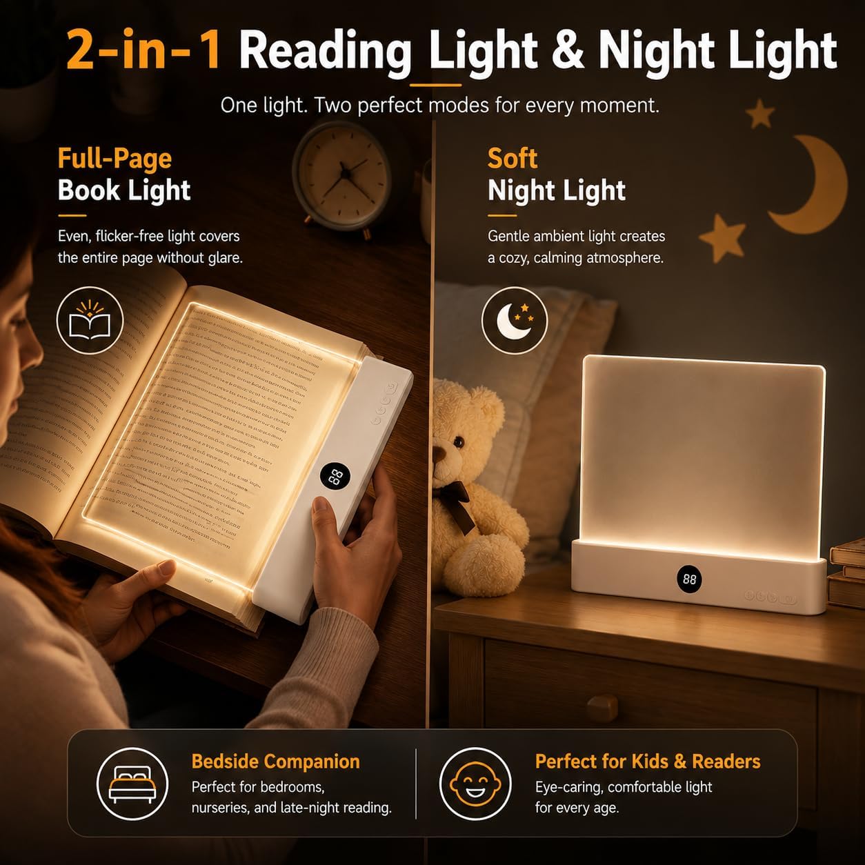 Smart 2 in 1 LED Book Light & Night Light, with 3 Colors, Stepless Dimming image 2