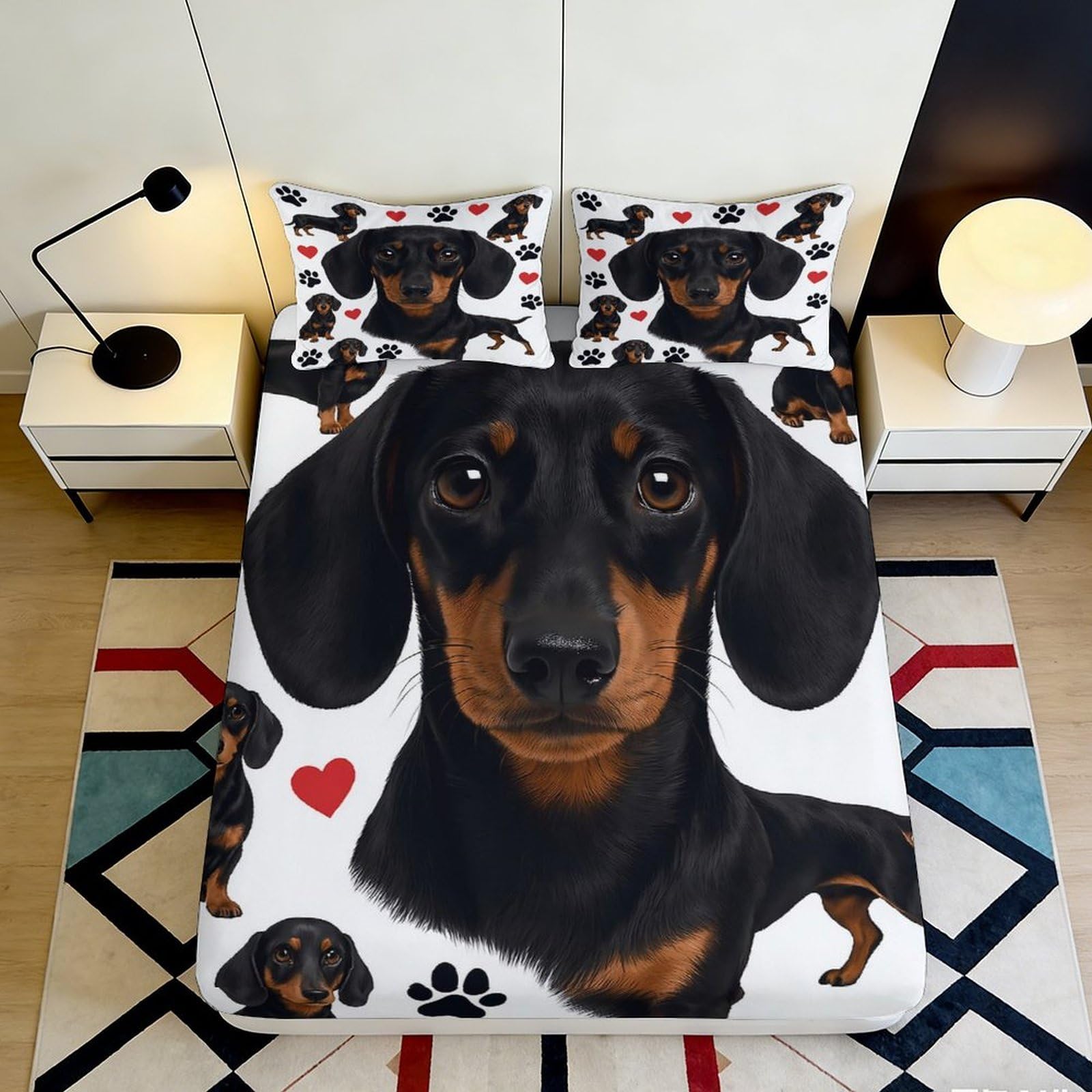 3D Printed Dachshund Dog Fitted Sheet Microfiber Soft Non Slip Mattress Cover for Bedroom Guest Room Decor, Easy Care 120x200x25cm