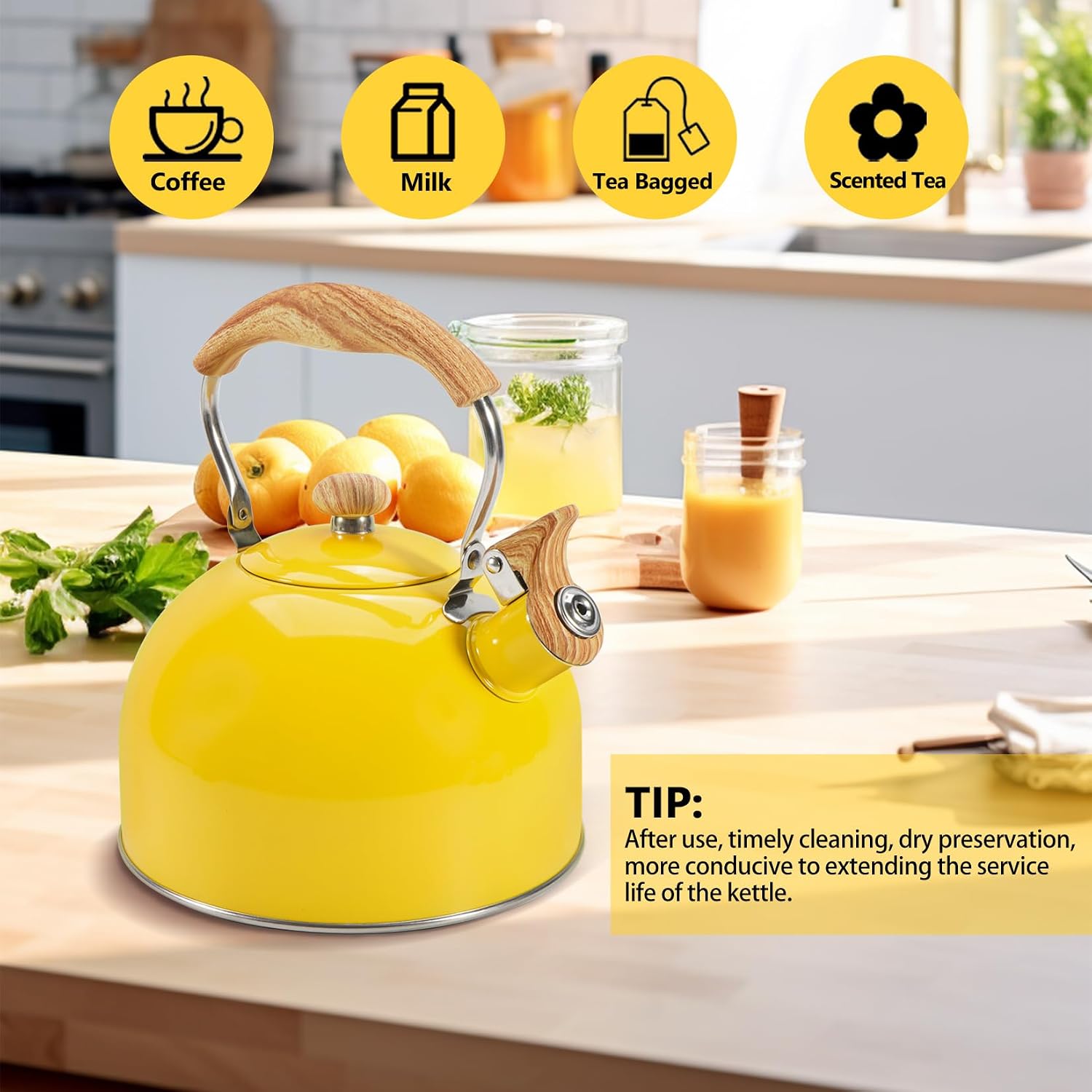 Tea Kettle,Whistling Tea Kettle Stovetop 2.6 Quart, Tea Pots for Stove Top Food Grade Stainless Steel,Wood Pattern Handle(Yellow),With Anti Scald Towel
