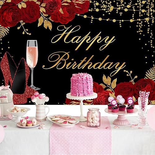 Miniatura 2 de Mocsicka Telón de fondo rojo y negro con purpurina para mujer, de tacón alto, rosa roja, decoración de cumpleaños, decoración de fiesta de feliz