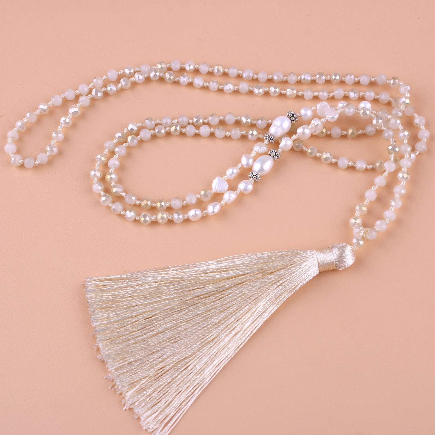 C·QUAN CHI Women Tassel Pearl Necklace Handmade Crystal Beaded Necklace Bohemian Jewelry