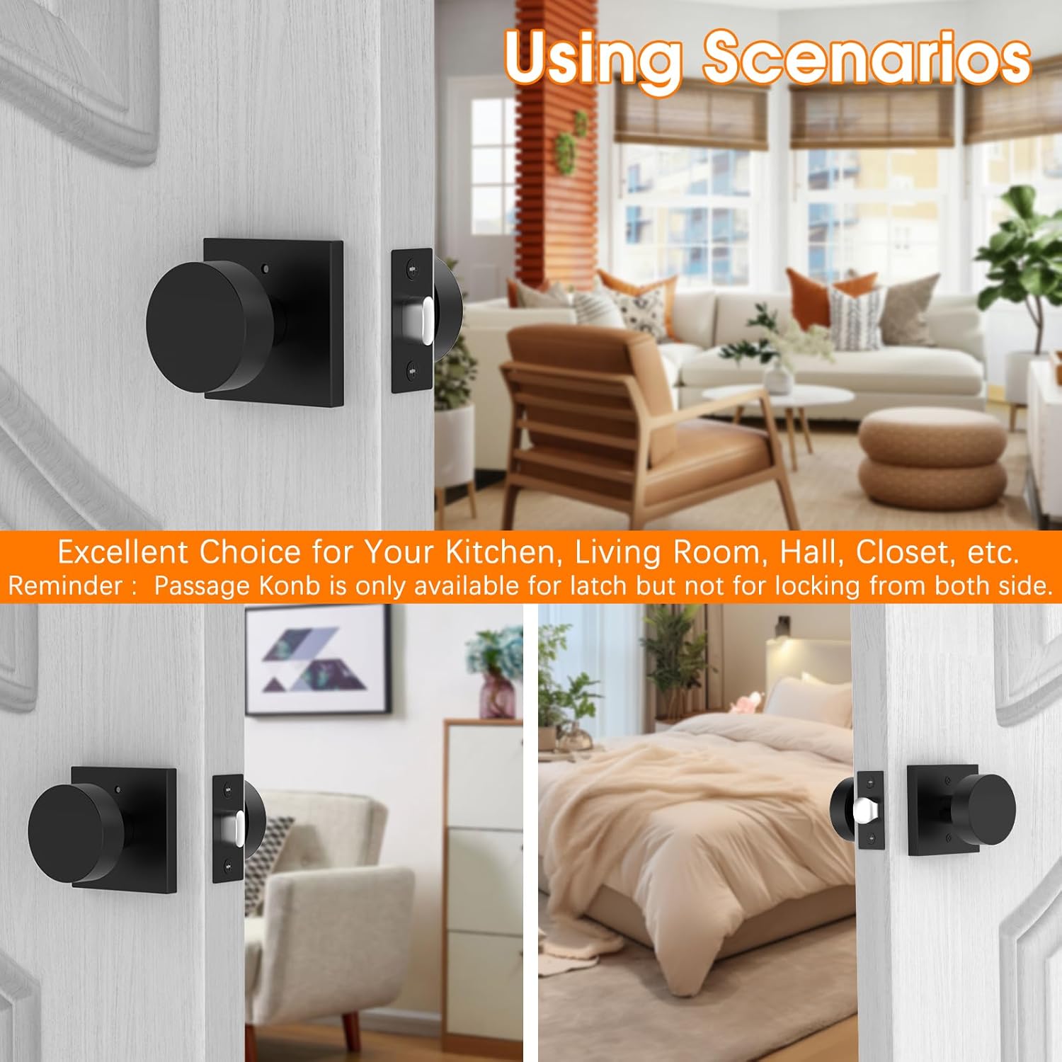 Passage Door Knobs Interior with Lock, Square Reversible Door Lock Door Handles for Passage, Access, Matte Black