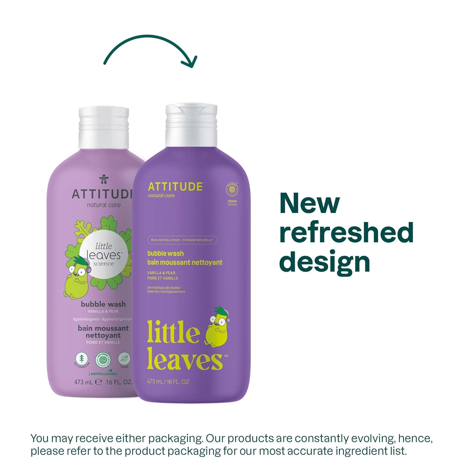 Attitude Bubble Wash for Kids, EWG Verified Bubble Bath, Hair Shampoo and Body Soap, Dermatologically Tested, Plant- and Mineral-Based, Vegan, Vanilla & Pear, 16 Fl Oz (Pack of 6)