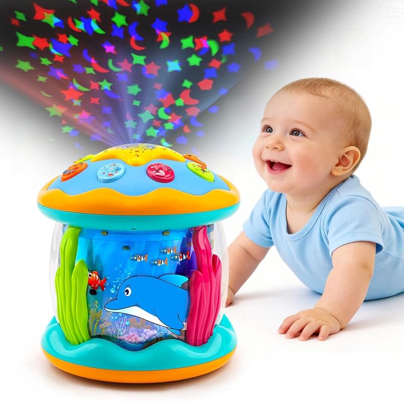 Tsomtto Baby Toys Ocean Proyector giratorio juguetes musicales de aprendizaje | Juguetes iluminados para el tiempo boca abajo para bebés, acuario para bebés, juguetes para gatear, juguetes para caminar para recién nacidos, regalos de cumpleaños para niños y niñas