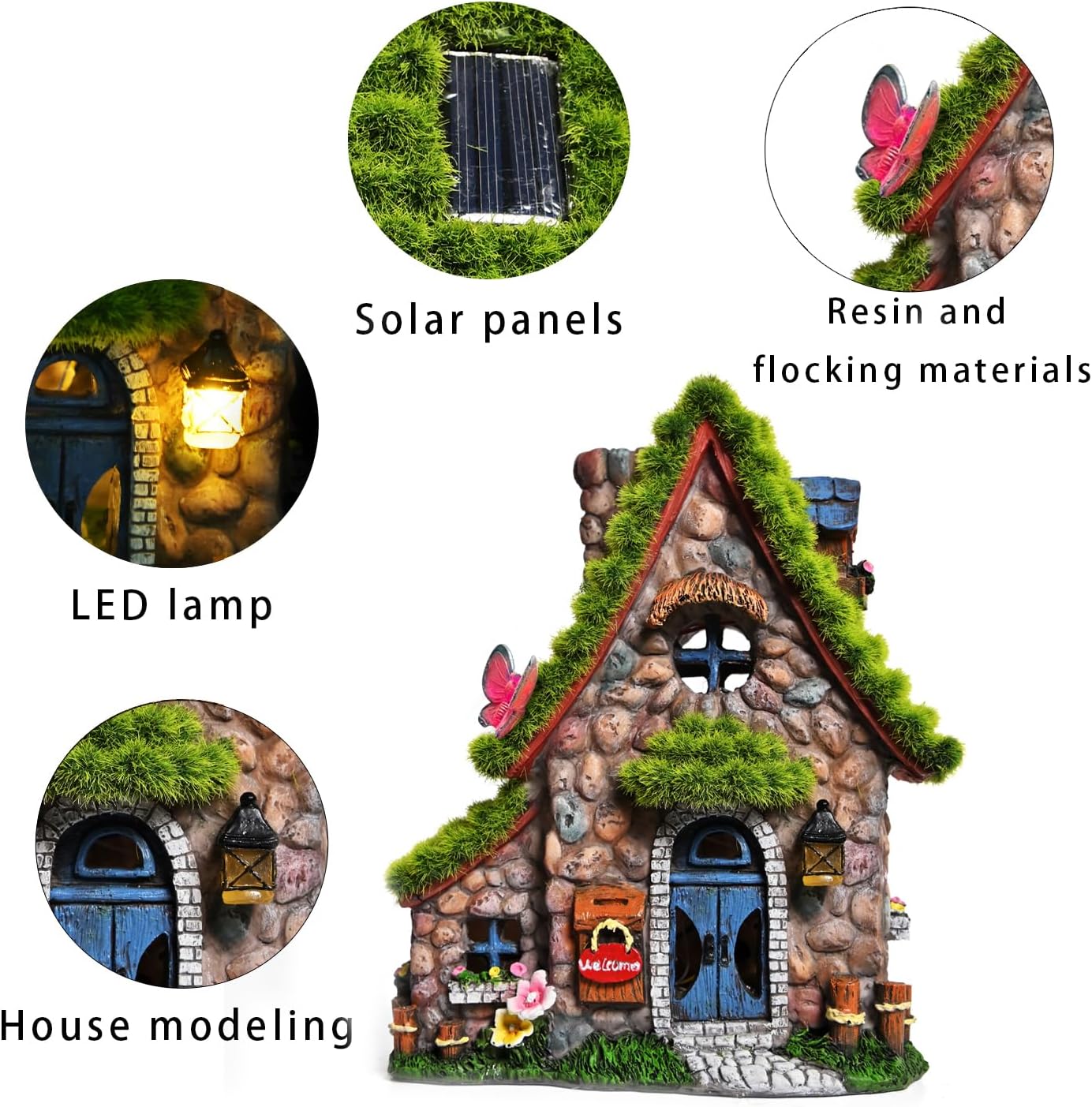 ASAWASA Resin Fairy House Statues with Solar Powered Lights, Funny Garden Sculptures with Flocked and Cobblestone Decor, Exquisite Garden Cottage Figurines - Image 3