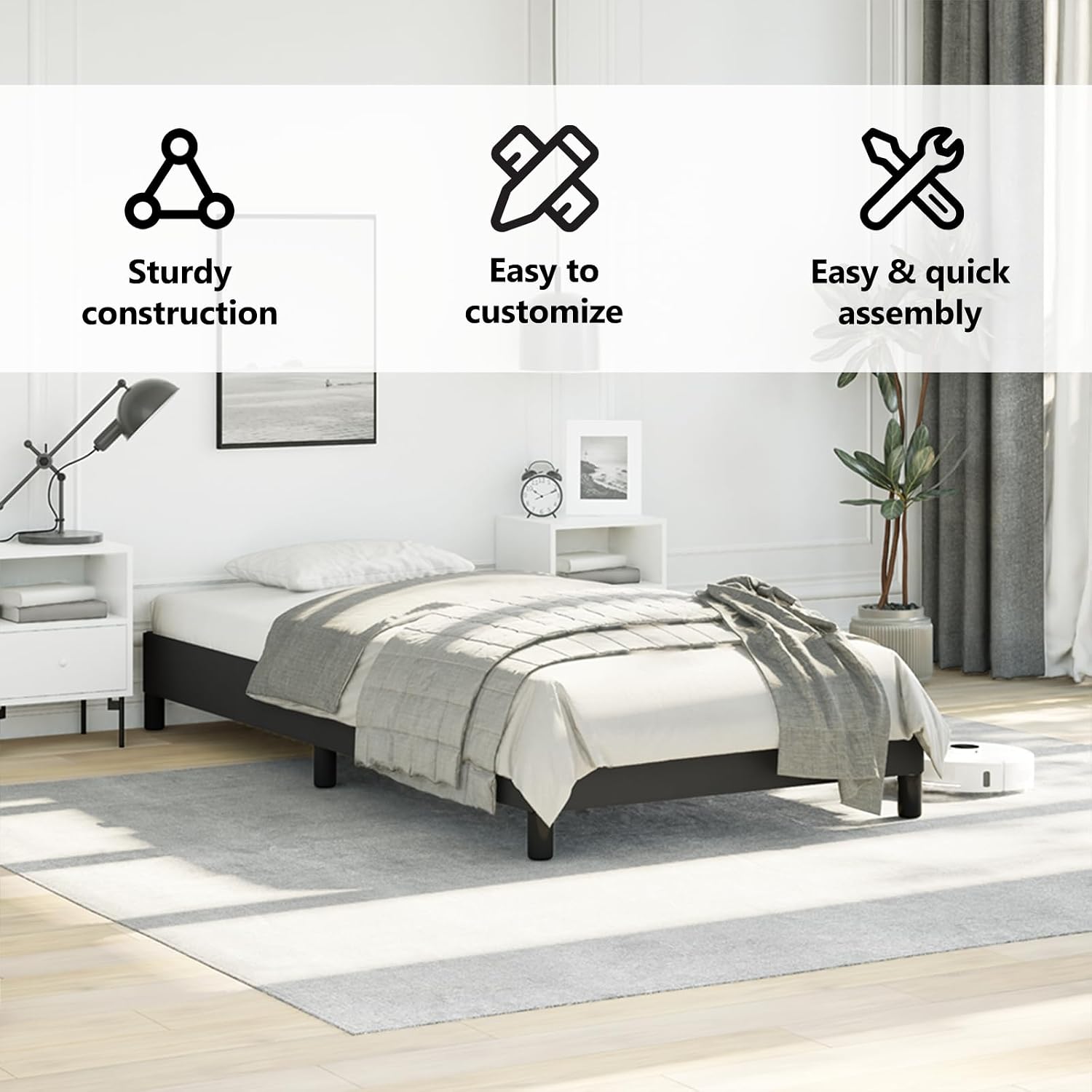 vidaXL Bed Frame, Faux Leather Upholstered Platform Bed, Single Bed Base with Wooden Slats Support for Bedroom, Black 39.4"x79.9" Twin XL Faux Leather