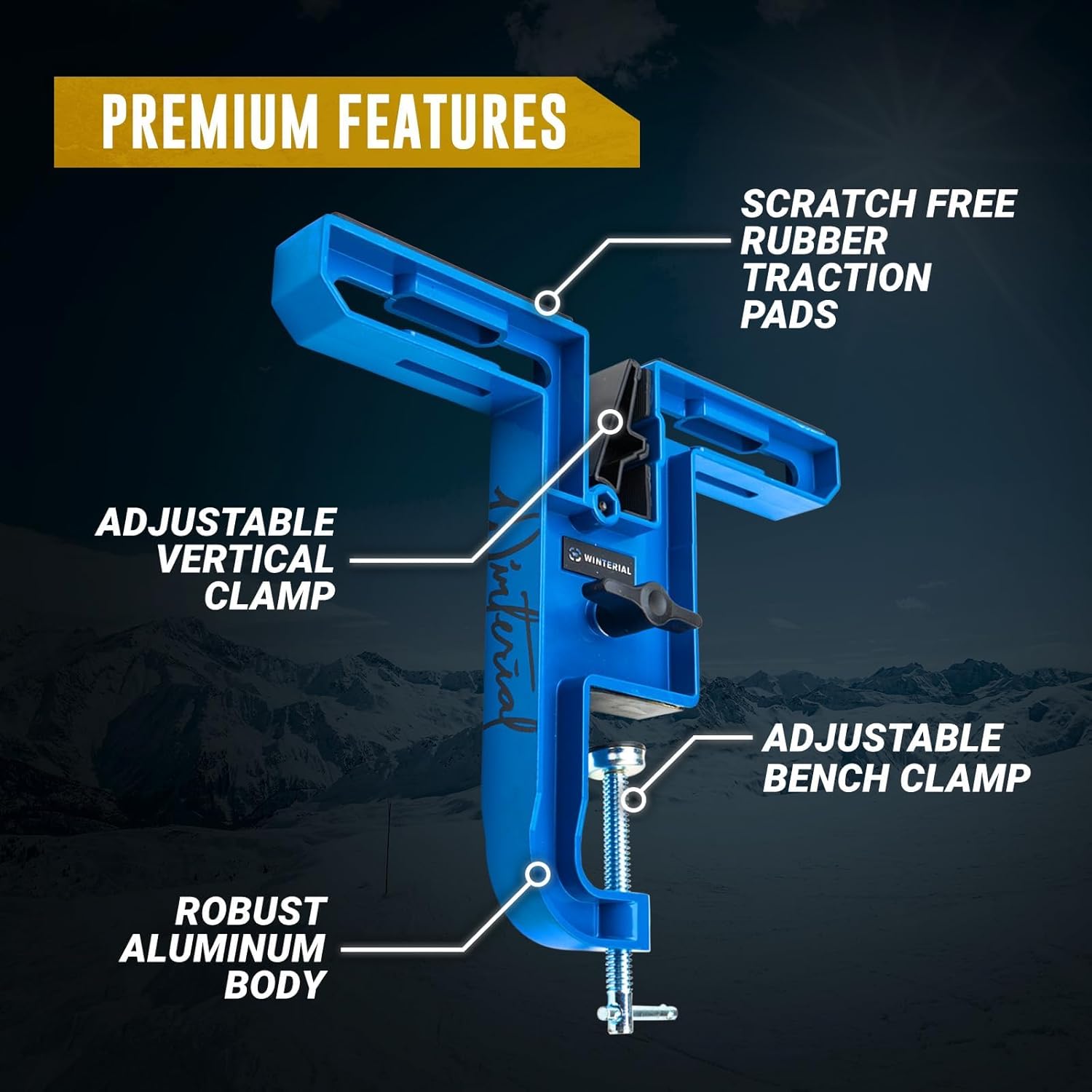Winterial Snowboard and Ski Vise, Set of Two Non-Slip Vice Grips with Horizontal Vertical Working Positions for Tuning, Repair and Waxing/Rubber Brake Retainers and Secure Board Grip Arm