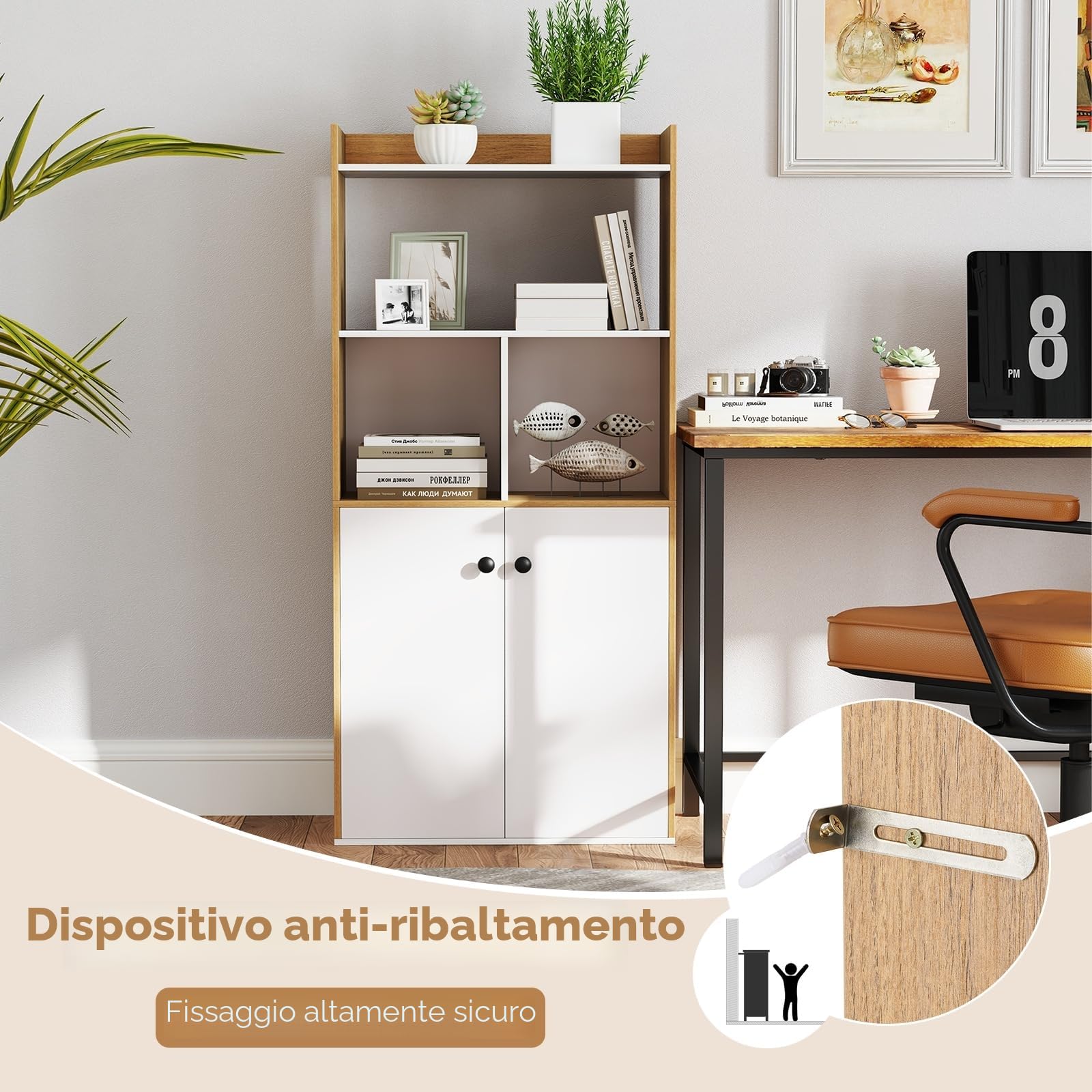 KOMFOTTEU Libreria Verticale in Legno con Armadio a Ante e 2 Ripiani Aperti, Libreria Scaffale, 60 x 30 x 140 cm (Bianco e Naturale)