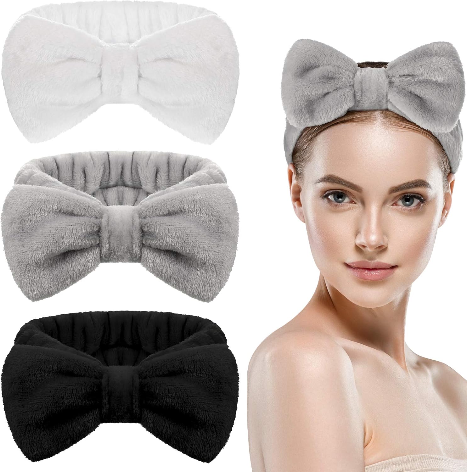 WILLBOND 3 Pieces Bowknot Hair Bands Makeup Headbands Bow Hair Wrap Towel Coral Fleece Cosmetic
