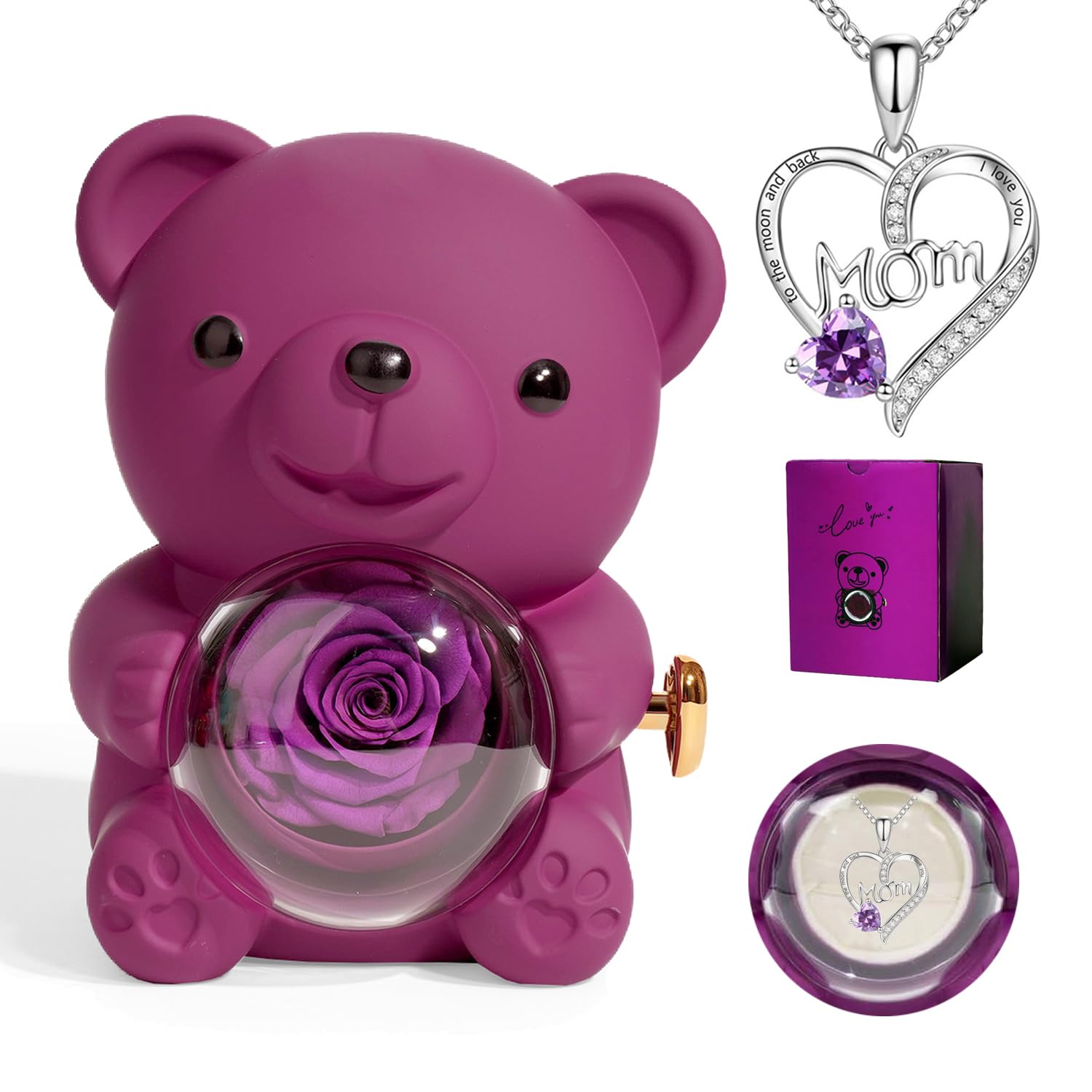 YOERMD Cute Teddy Bear with Preserved Rose Gifts for Mom,Romantic Rose Flower Bear Teddy, Eternal Flowers with Mom Necklace Gifts for Mothers from