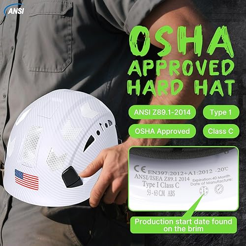 Vista 6 de Carbon Fiber Pattern Hard Hats - Construction OSHA Approved Hard Hat,ANSI Z89.1 Type 1 Class C Adjustble Vented Safety Helmet for Men Women,6-Pt A
