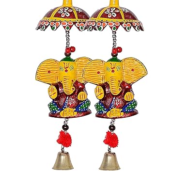 Bharat Gifts Handicraft yellow red Chattra ganesh ji Beautiful Wall Hanging, Hindu riwaz God Wind Chime for Home Decor Wind Chime Handcrafted Round Bells Desing Wood Windchime (14X8X30 CM ,multicolours) plasstic Windchime Pack of 2