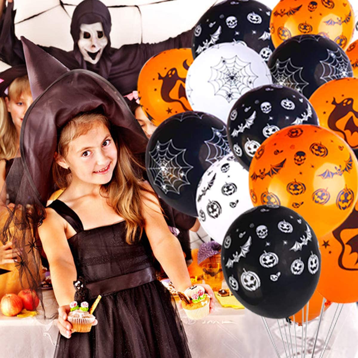 Lot De 60 Ballons Halloween Latex - Motifs Fantôme, Araignée, Citrouille, Crâne - Orange, Noir, Blanc - Pour Décoration Fête