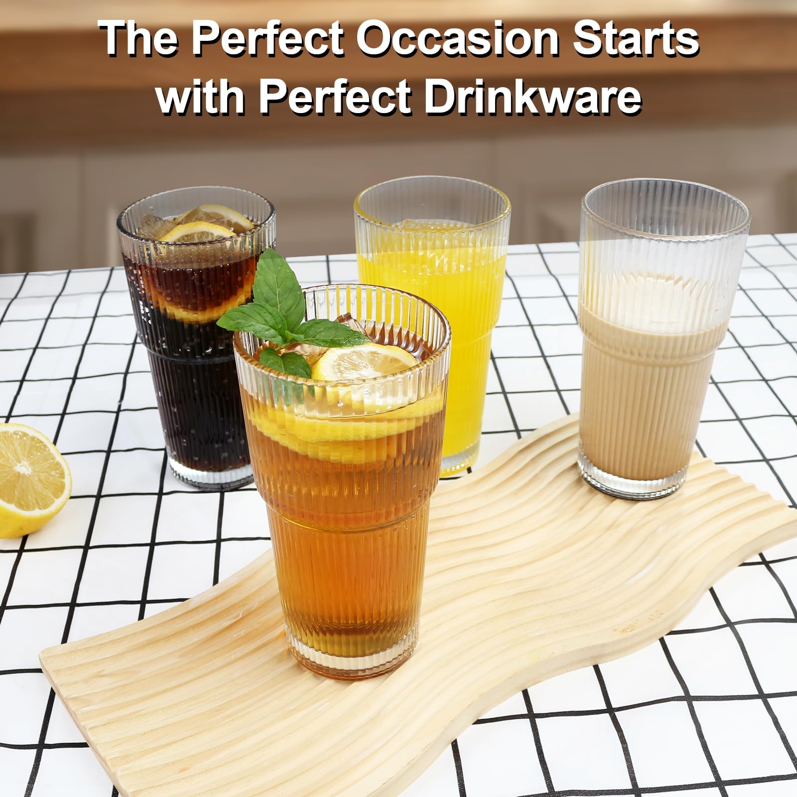 Trinkgläser, geriffelt, 540 ml, 2 Stück, altmodische Gläser, verdicktes Glas für Eiskaffee, Smoothies, Cocktails und Säfte, perfekt für Familien und Partys (2)
