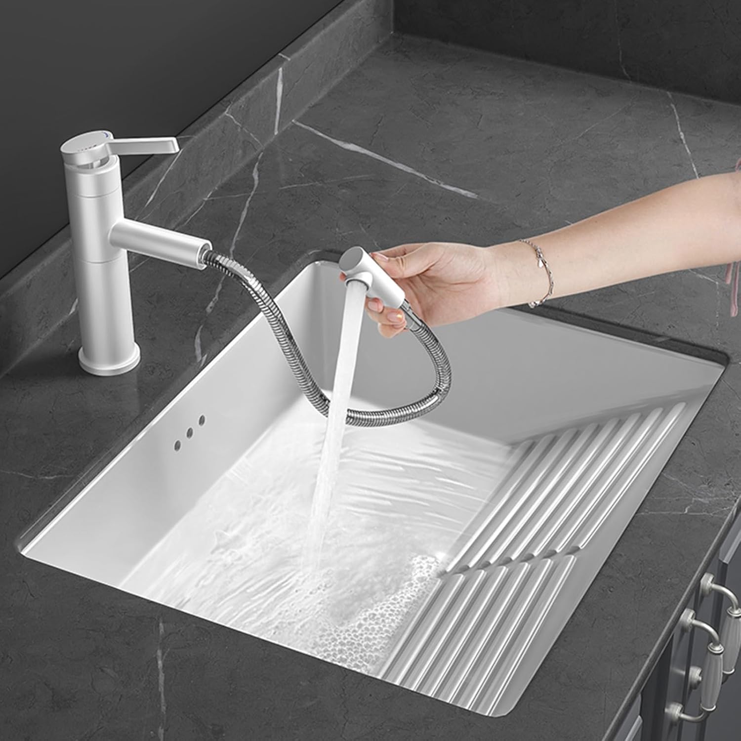 Bathroom undermount Ceramic Sink wiht Washboard,Square Vanity Bathroom Sink,Lavatory Vanity Under Counter Bathrrom Sink with Overflow,(55.5 * 46)