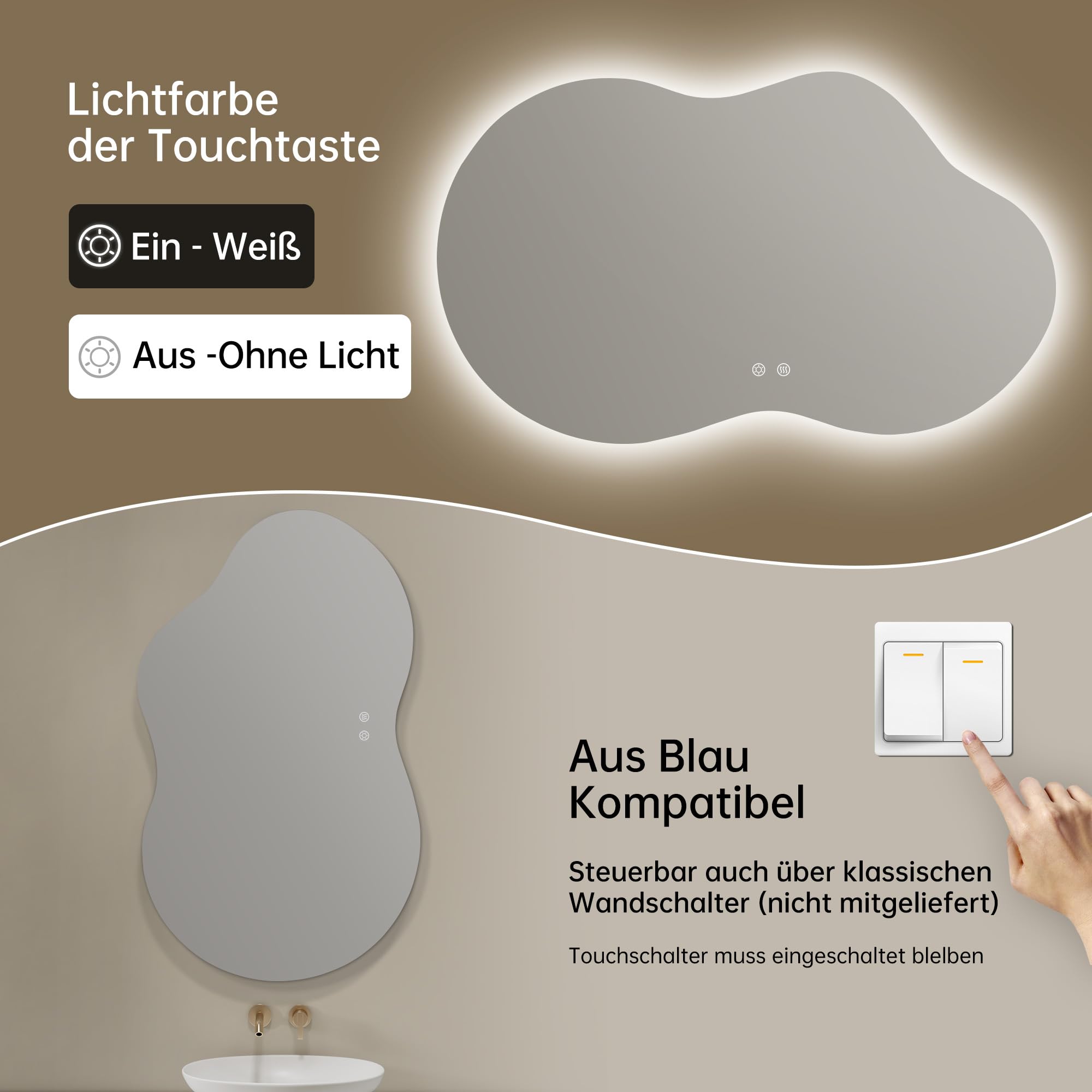 Badspiegel mit Beleuchtung Asymmetrischer LED Badspiegel 100 x 60 cm mit Touch-Schalter, Dimmbar 3 Lichtfarbe Einstellbare, Beschlagfrei Badezimmerspiegel mit Beleuchtung, Bruchsicher