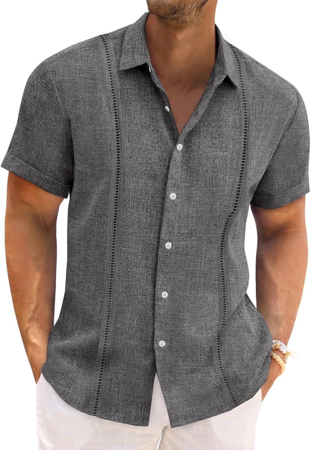 Runcati Mens Cuban Guayabera Shirts Short Sleeve Linen Casual Shirt Button Down Beach Summer Mexican Shirts