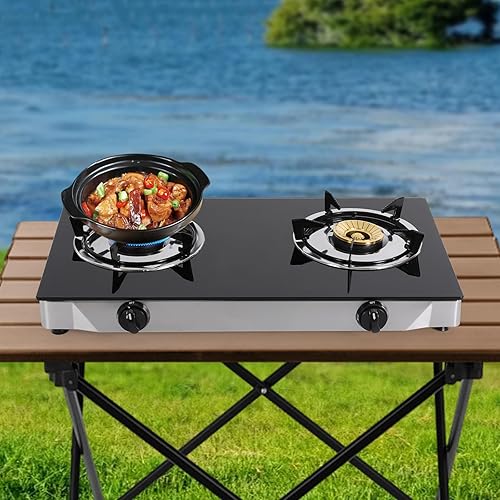 Miniatura 7 de Estufa de gas de 2 quemadores, encimera portátil de gas con vidrio templado y acero inoxidable, quemadores dobles de 3.5 KW (11995 BTUhora),