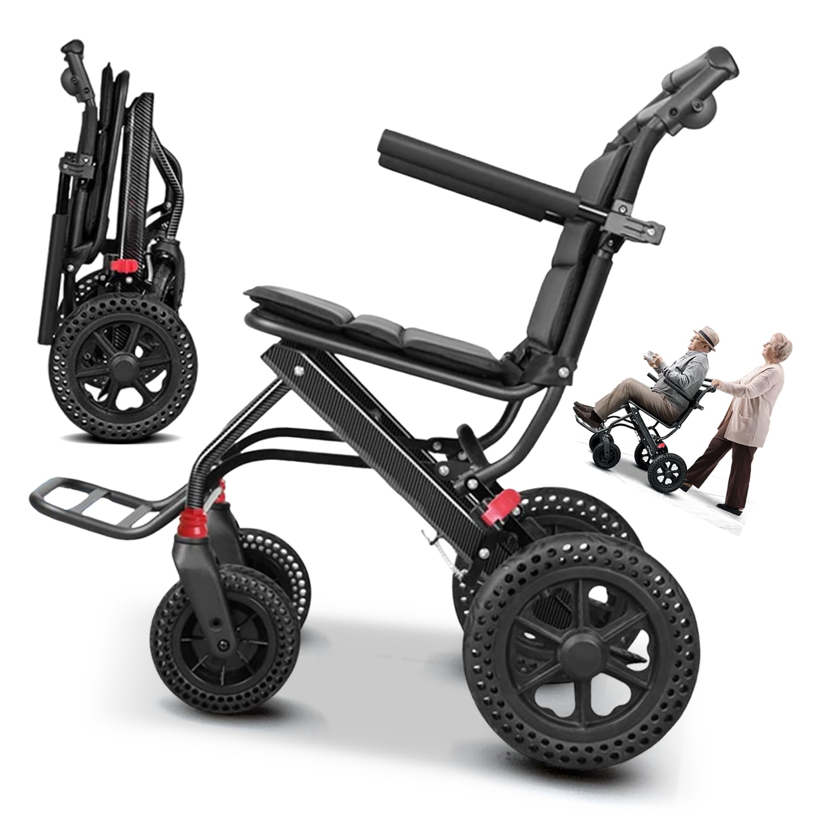 Silla de ruedas de transporte de silla de ruedas ligera plegable para personas mayores, marco de aluminio, carga de hasta 150 kg, con freno, silla de viaje ultra pesada para vivir y al aire