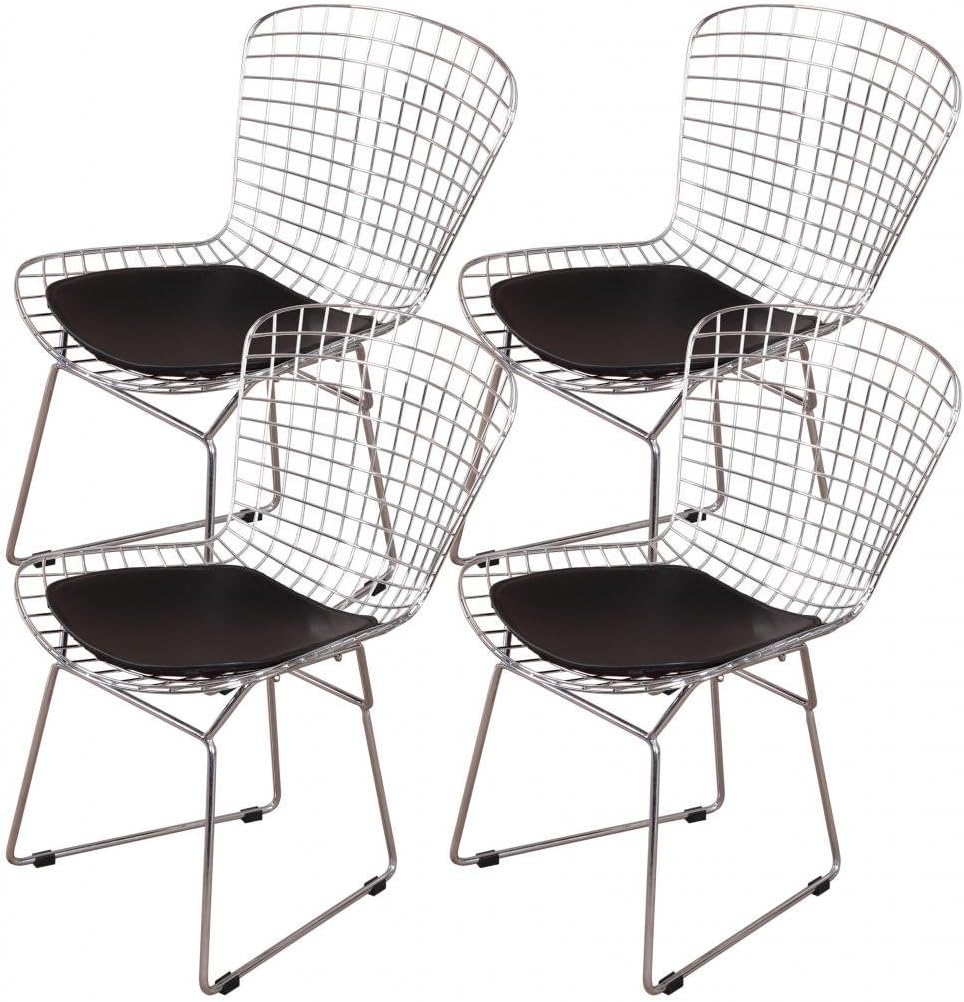 Nicer Furniture ® Set of 4- Harry Bertoia Chromed Steel Wire Frame Side Chair with Leatherette PU Pad, Black