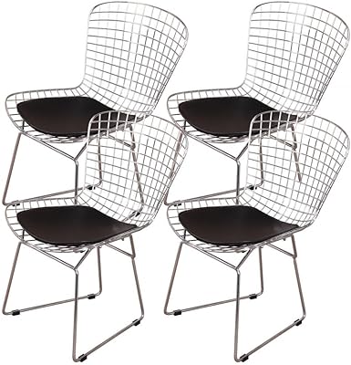 Amazon Com Nicer Furniture Set Of 4 Harry Bertoia Chromed Steel Wire Frame Side Chair With Leatherette Pu Pad Black Chairs