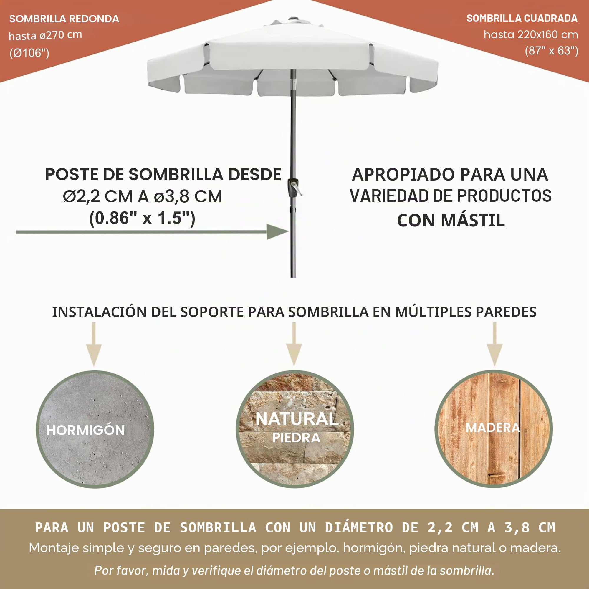 Soporte de acero inoxidable para sombrilla de pared en el balcón Soporte de pared para sombrilla de 270 cm cuadrado estable soporte de pared fijación segura de la placa de pared a la pared