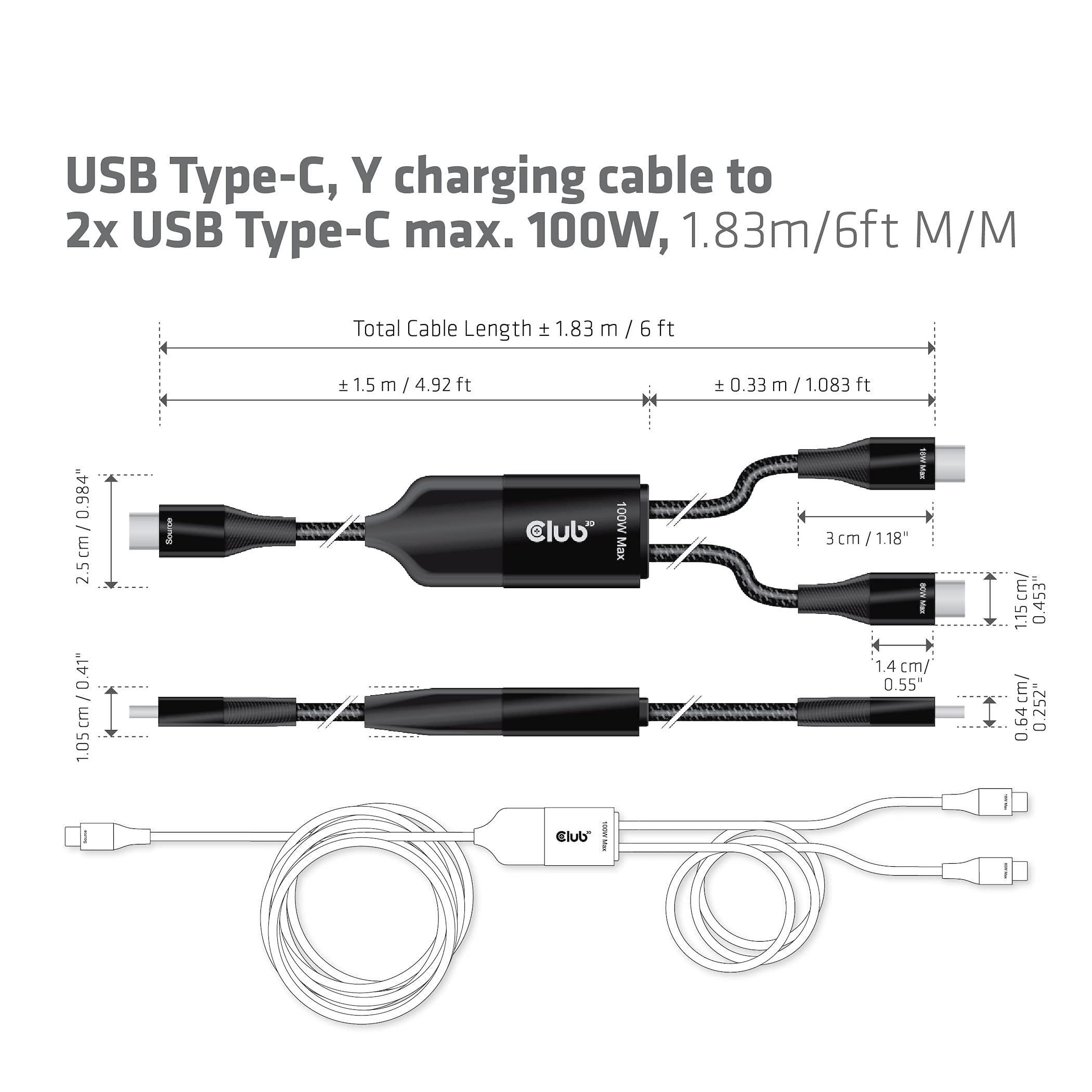 CABLE DE CARGA CLUB3D USB TIPO C 2X TIPO C 1,83M 100W PC/PC