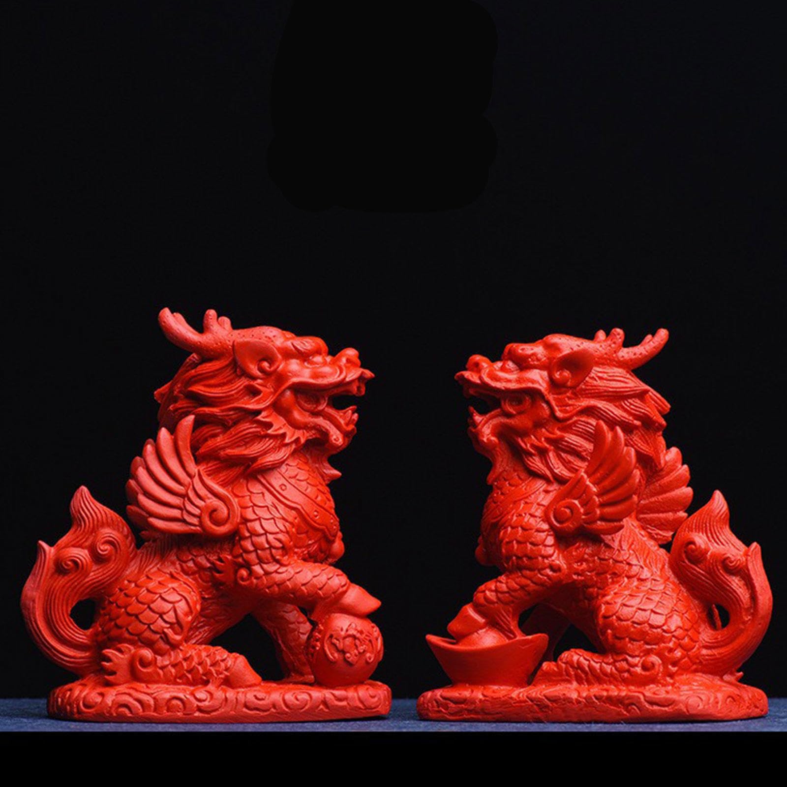 Feng Shui Set di Due Statue di Cinabro Rosso Chi Lin/Kylin Ricchezza Prosperità, Decorazione per La Casa Attira Ricchezza e Buona Fortuna