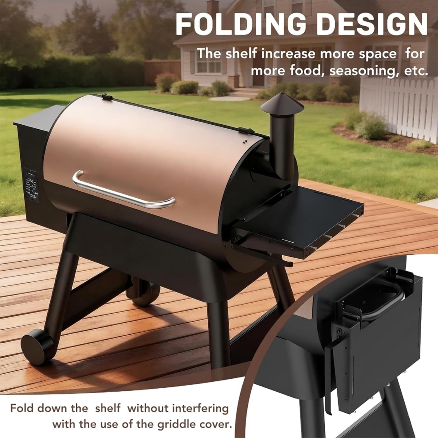 Folding Grill Side Shelf for Traeger Grills, Foldable Grill Shelf with Hooks & Paper Towel Holder for Traeger Pro 22, Pro 34, Pro 575, Pro 780 & Other, Grills Accessories to Add Storage Space
