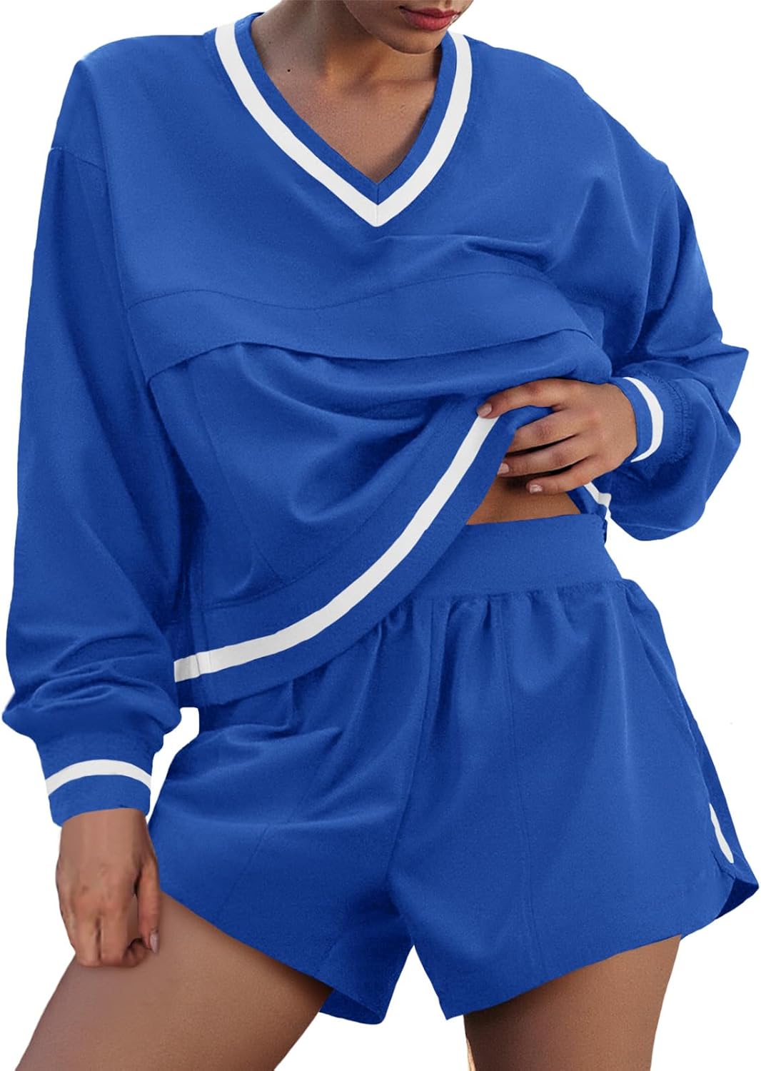 Fisoew Womens 2 Piece Outfits Long Sleeve V Neck Sweatshirt High Waist Running Shorts Sets Loose Fall Workout Tracksuits