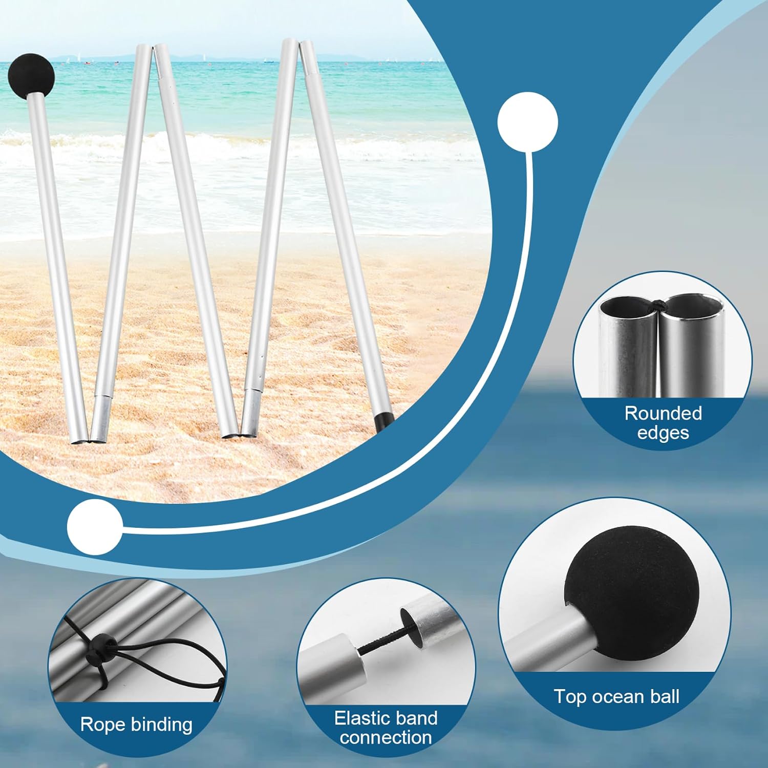Tent Poles Replacement, 2 Set Tent Poles Stakes, 6.6ft Foldable Aluminium Sun Shade with Tie-Down Ropes, Pole Repair Kit image 4