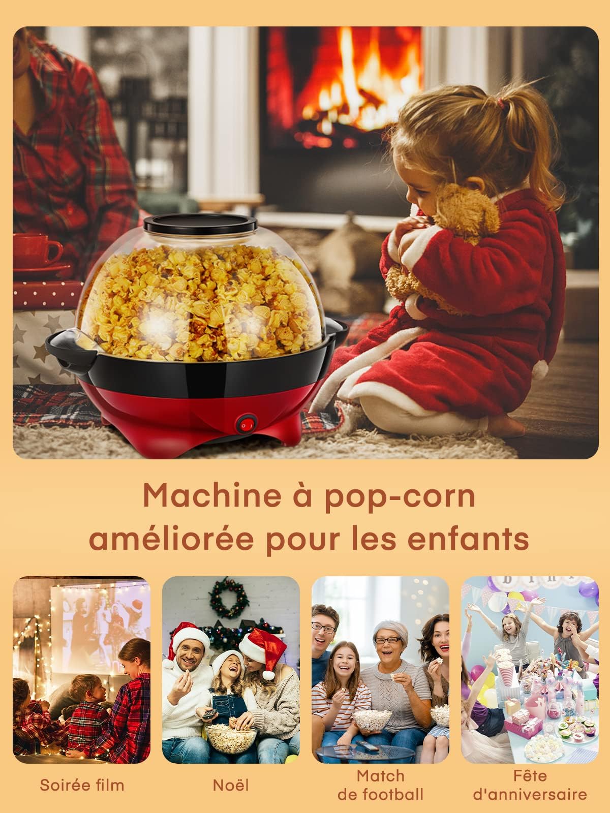 HOUSNAT Machine à pop-corn - Grande capacité de 5,5 l - 800 W - Avec revêtement antiadhésif et surface chauffante amovible - Silencieuse et rapide