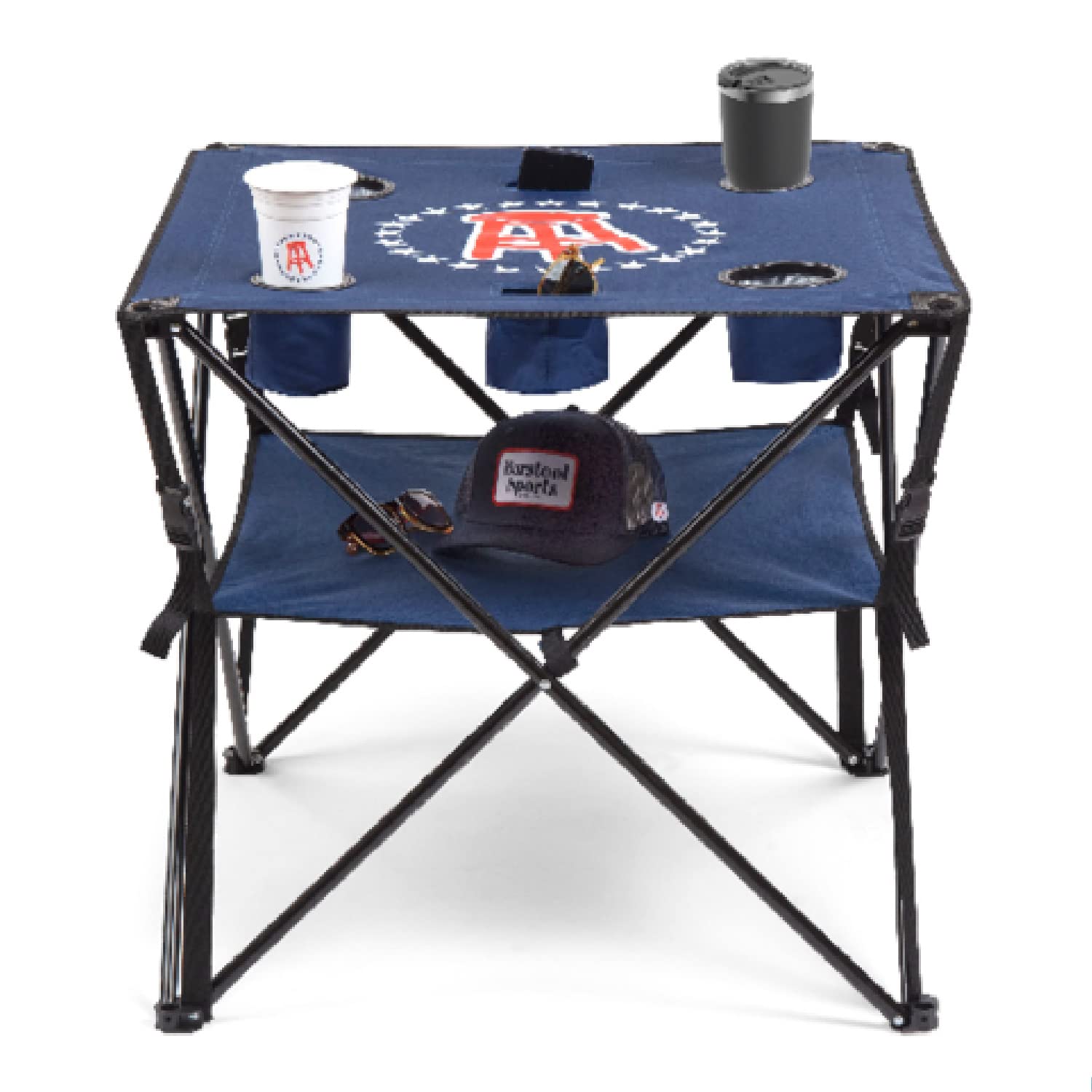 Barstool Sports Outdoor Square Folding Table with Shelf, Portable Picnic Table, Beach Table, Outdoor Folding Camping Tables That Fold Up, Lightweight with Cup and Phone Holders