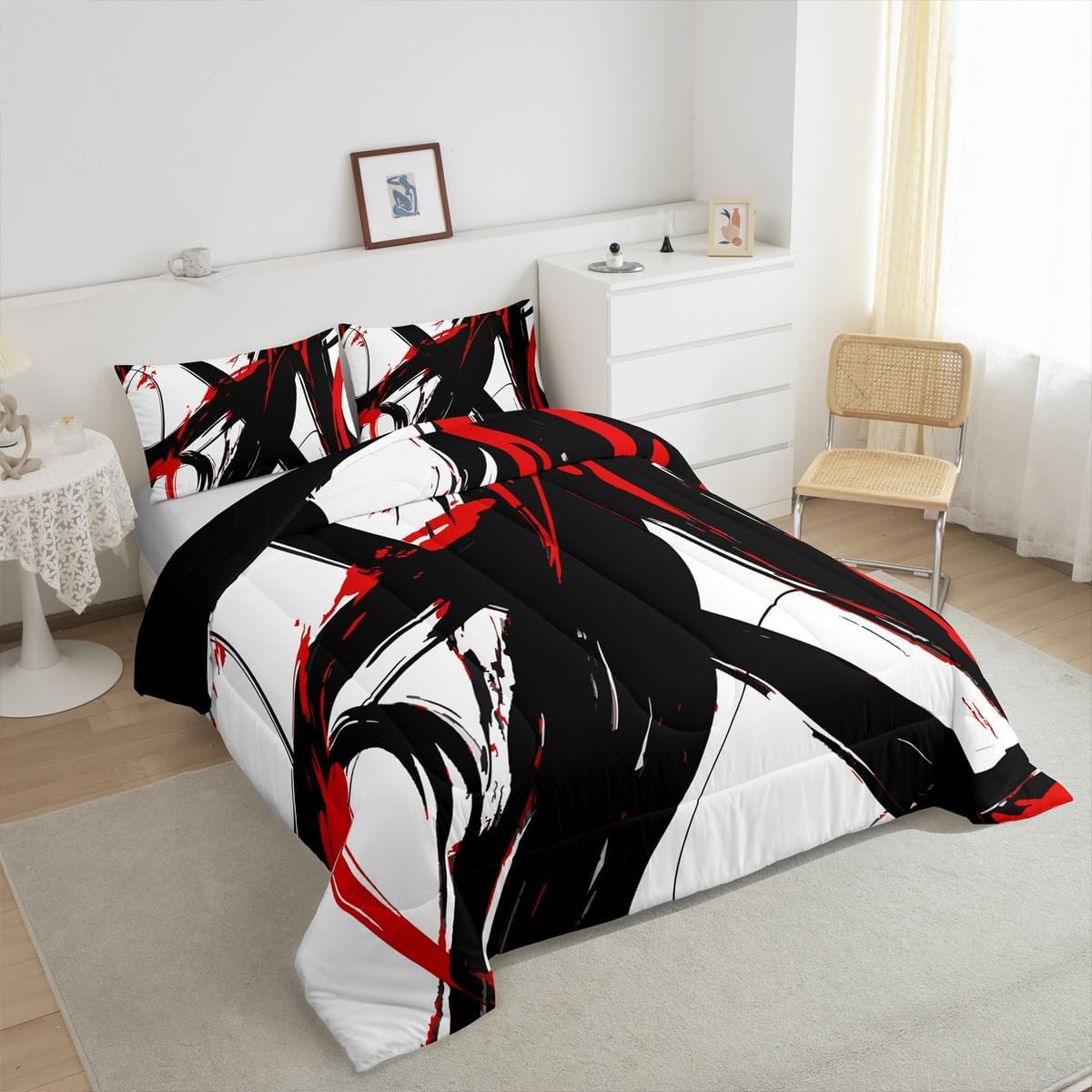 Feelyou Abstract Art Bedding Set Queen Size Kids Red Black Modern Geometric Print Duvet Quilt for Boys Girls Teens Minimalist Ink Line Comforter Set Soft Microfiber
